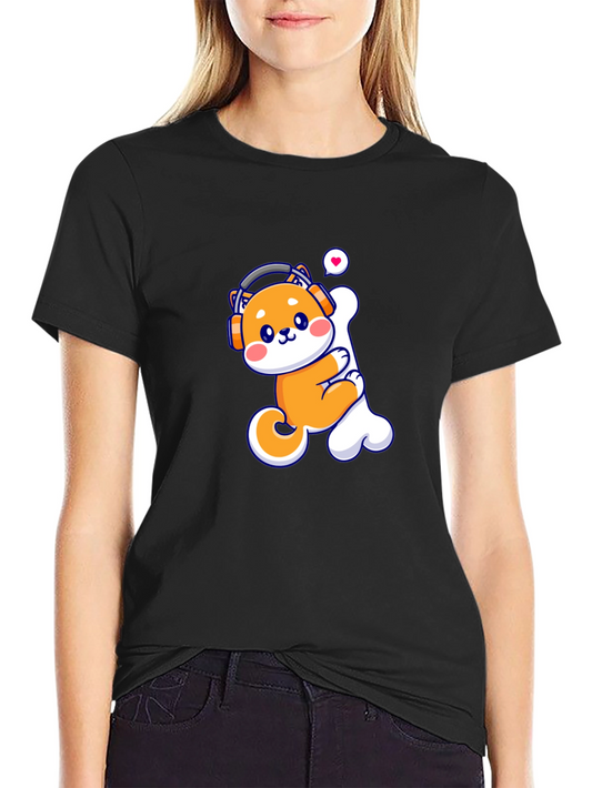 Camiseta Negra con Shiba Inu Amante de la Música