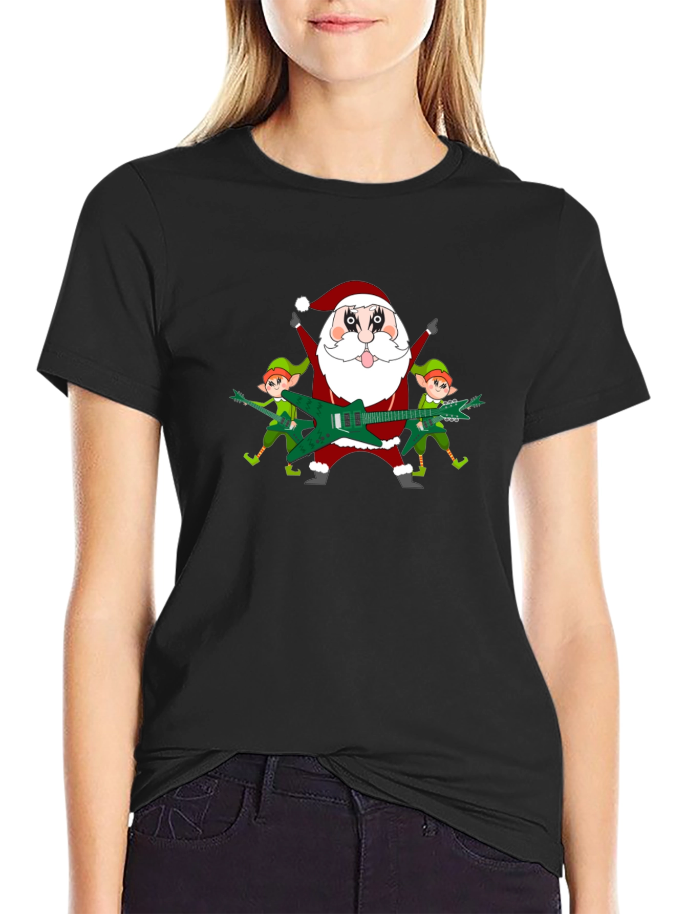 Camiseta Negra Navideña Santa Rockero