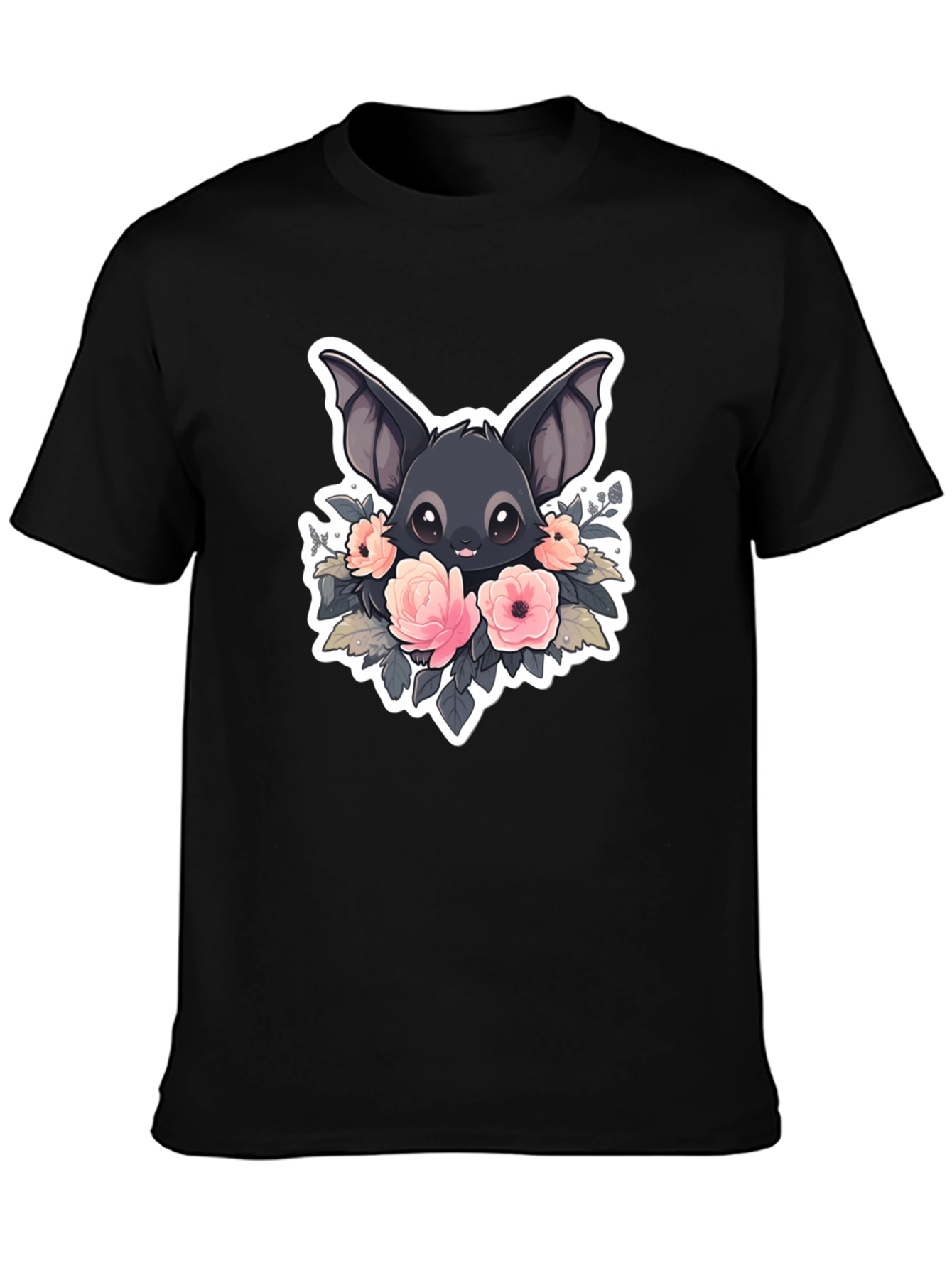 Camiseta Negra con Diseño de Murciélago Floral