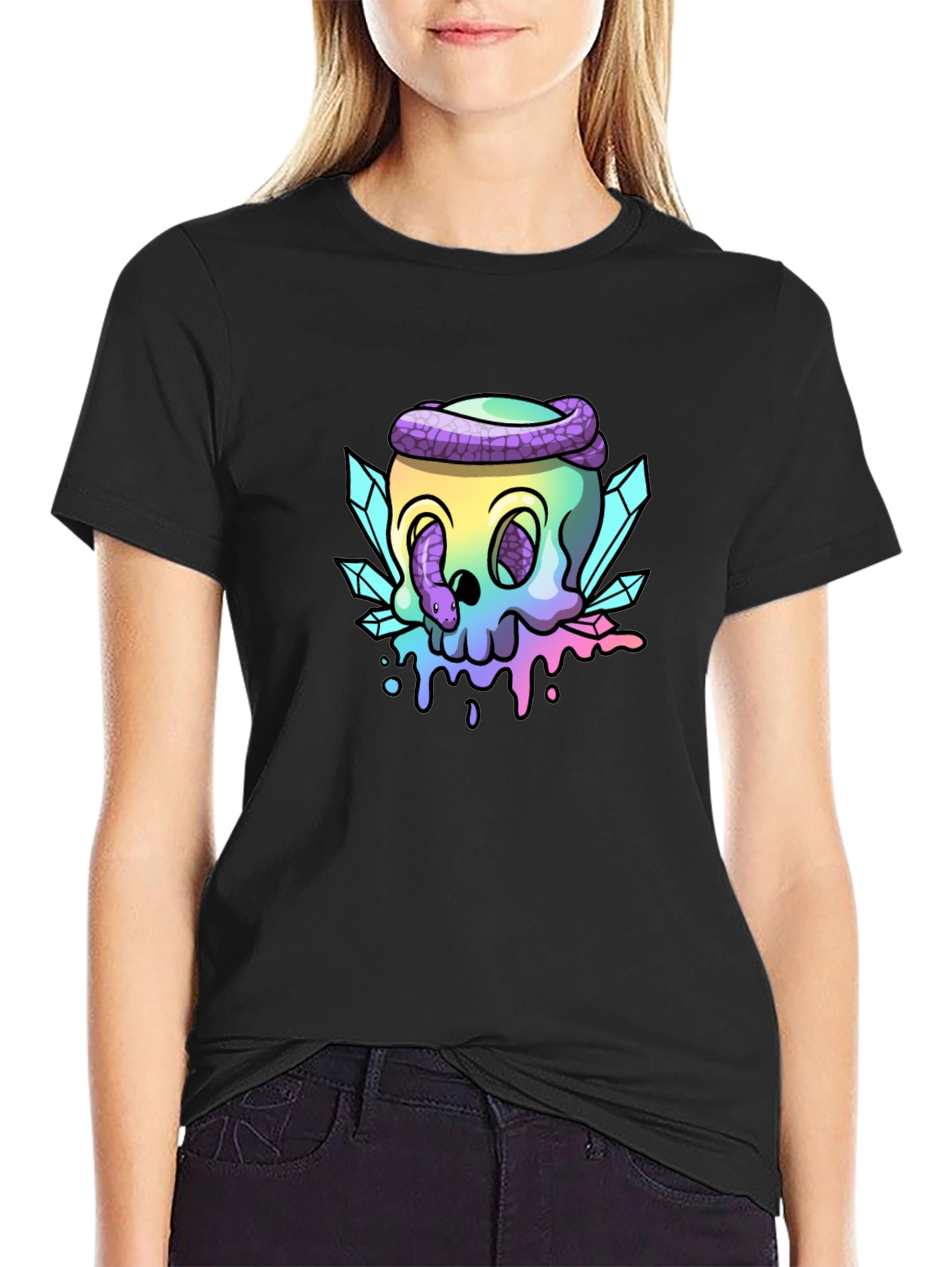 Camiseta Negra Calavera Mística Serpiente Cristales