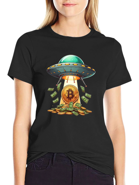 Camiseta Negra: Ovni Bitcoin y Lluvia de Dinero