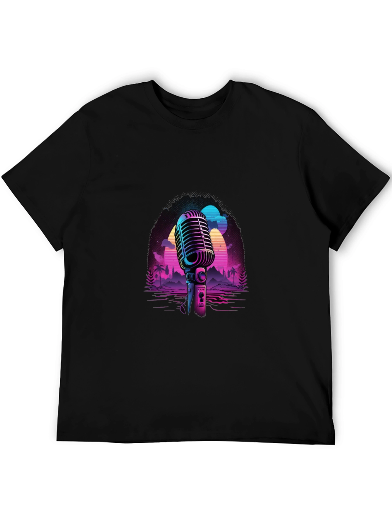 Camiseta Negra con Diseño Retro de Micrófono