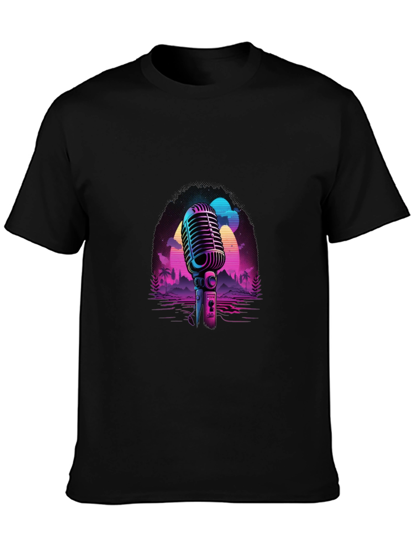 Camiseta Negra con Diseño Retro de Micrófono