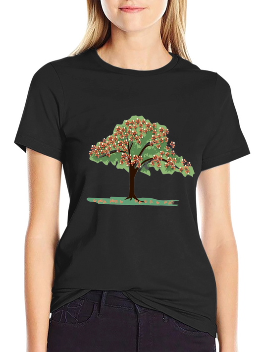 Camiseta Negra con Estampado de Árbol Floreciente