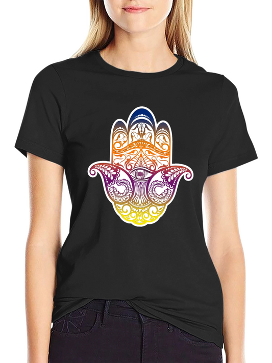Camiseta Negra con Diseño Mano de Fátima Colorida