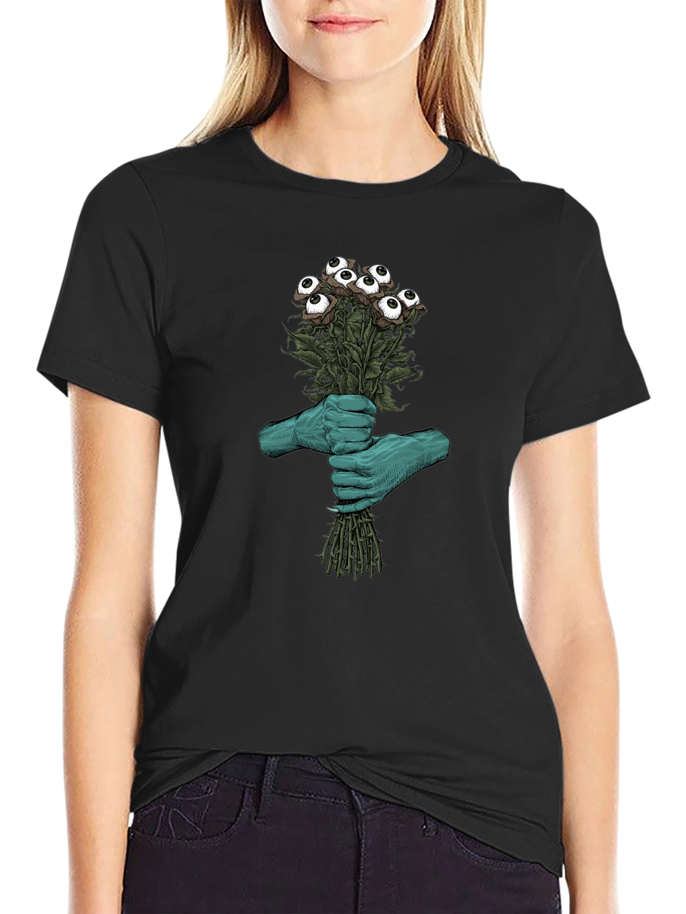 Camiseta Negra con Diseño Floral Ocular