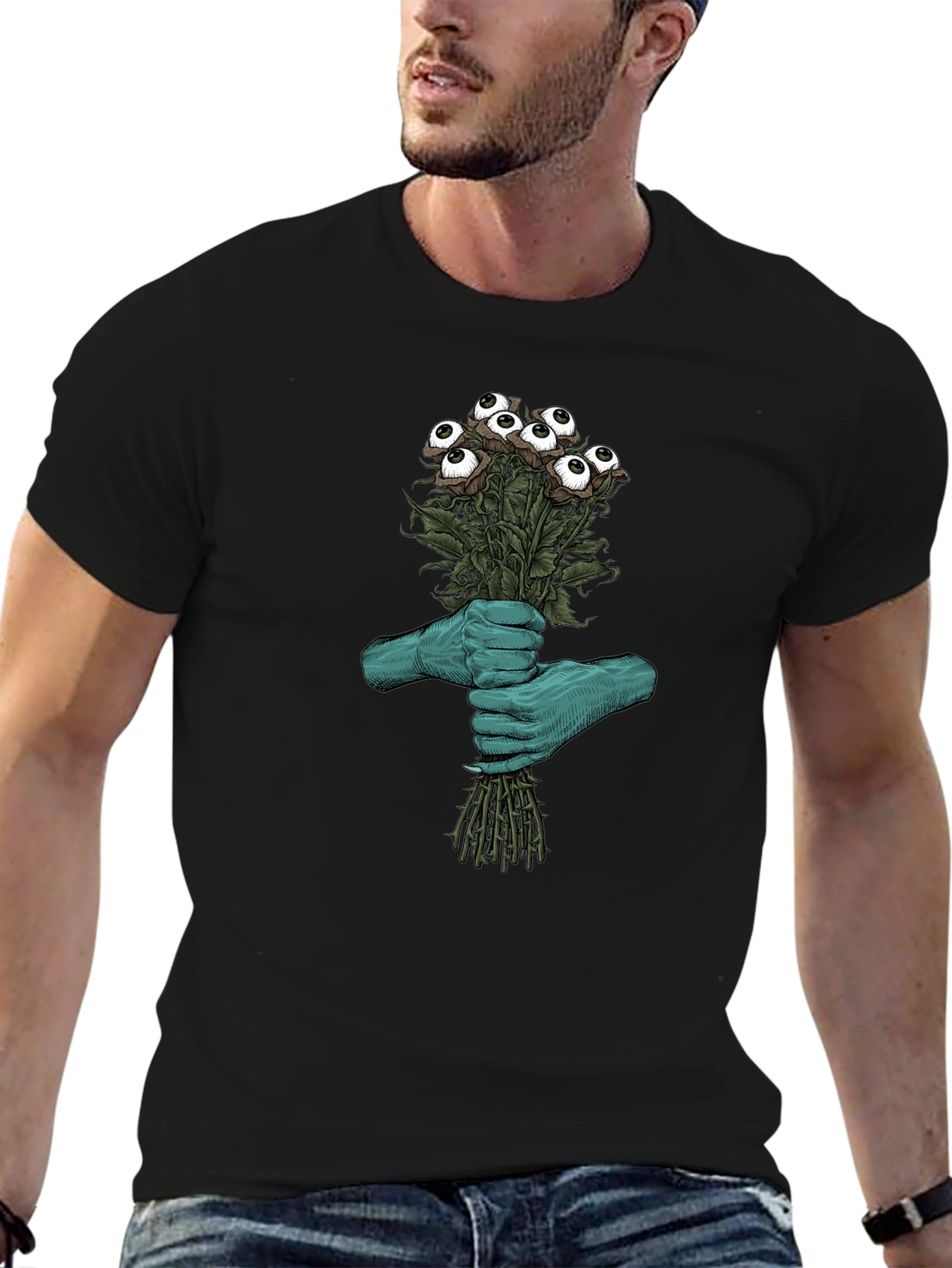 Camiseta Negra con Diseño Floral Ocular