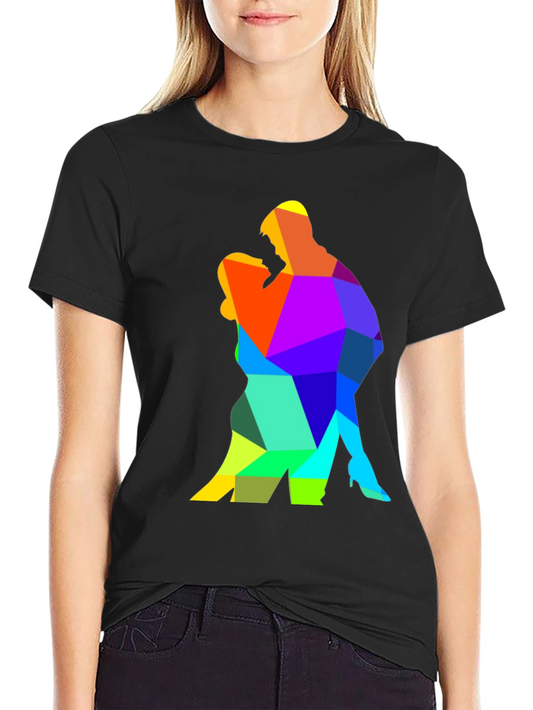 Camiseta Negra con Diseño Geométrico de Pareja Bailando