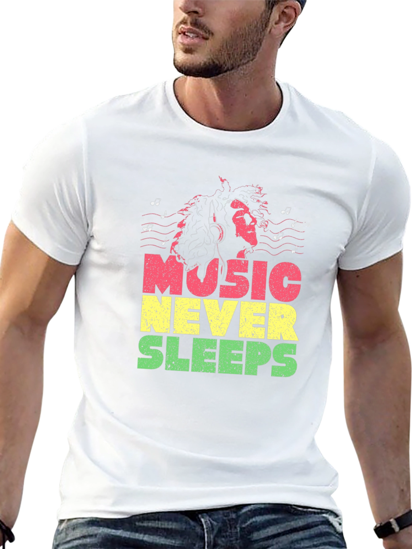 Camiseta Negra Music Never Sleeps Diseño Reggae