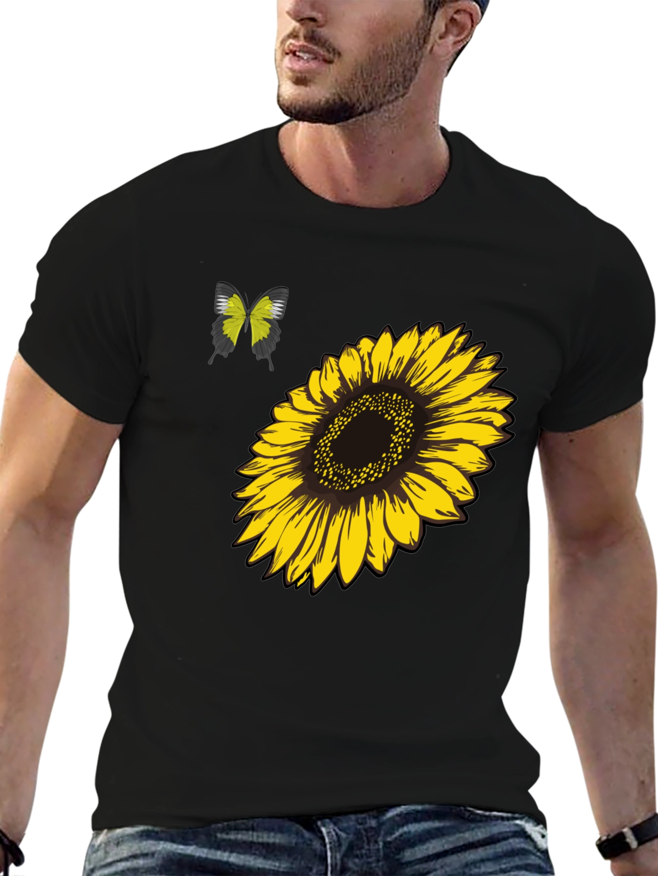 Camiseta Negra Girasol y Mariposa