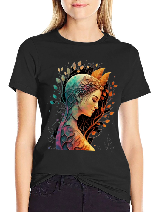 Camiseta Negra con Diseño de Naturaleza y Mujer