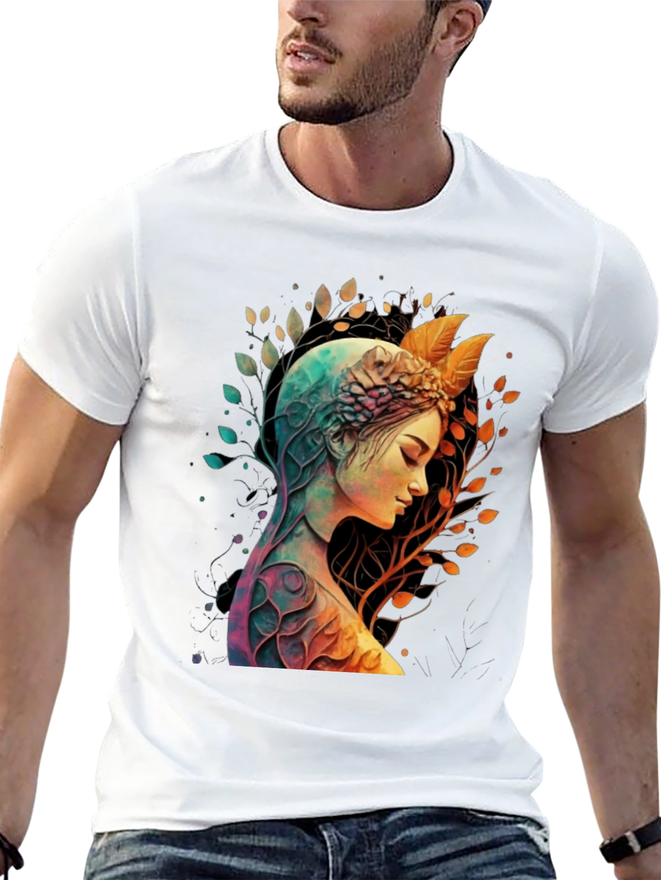 Camiseta Negra con Diseño de Naturaleza y Mujer