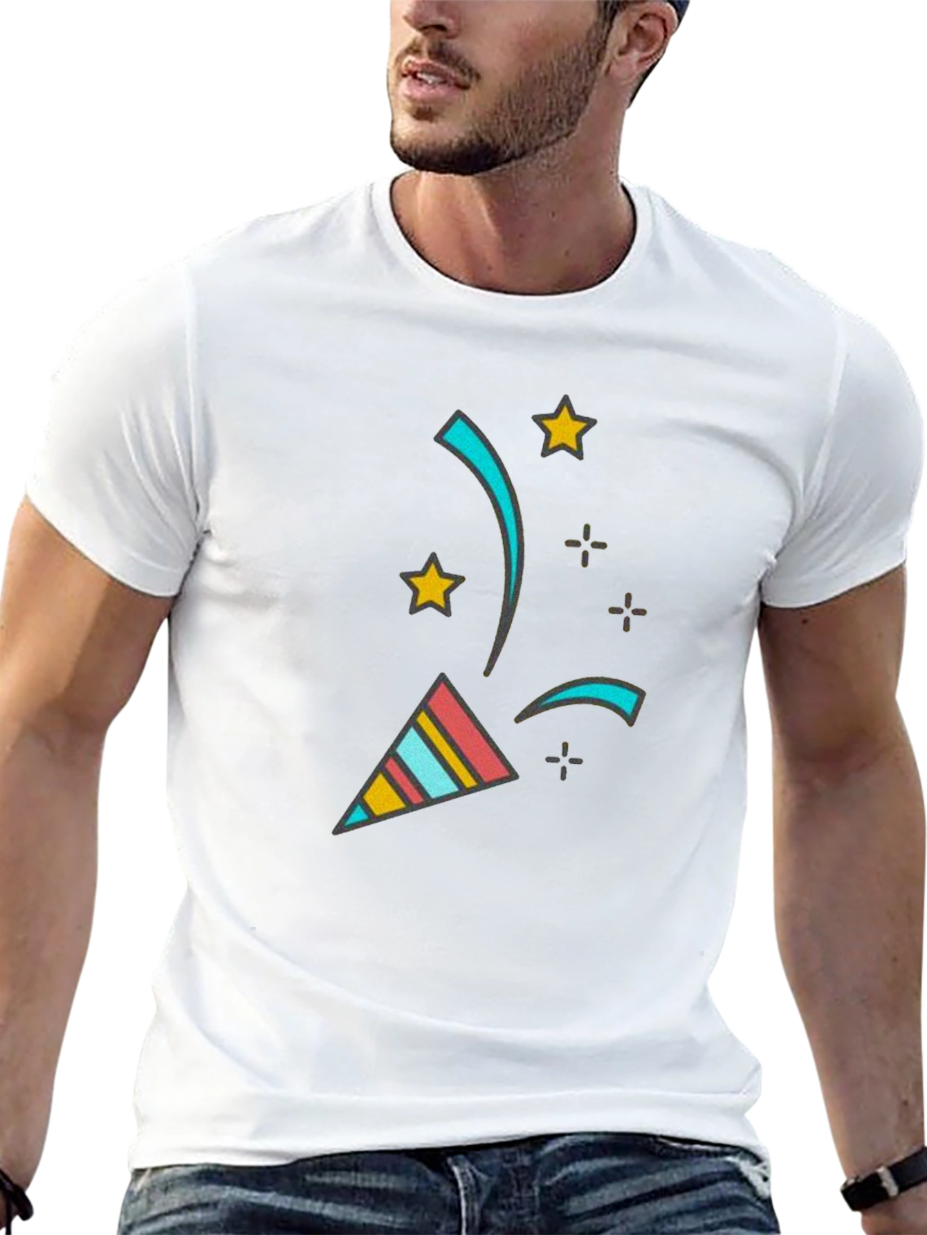 Camiseta Negra con Diseño Festivo de Confeti y Estrellas