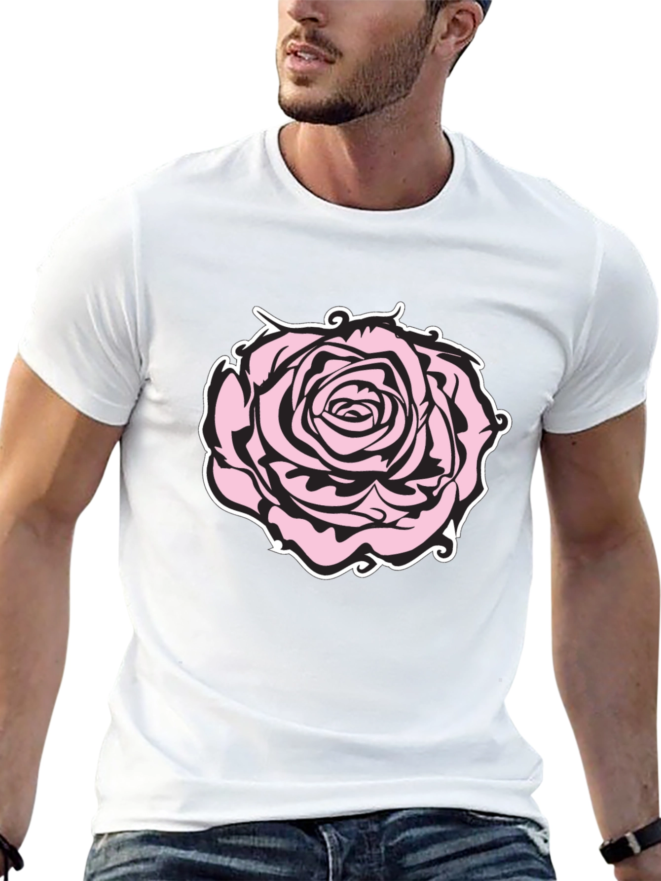 Camiseta Negra con Diseño de Rosa Abstracta