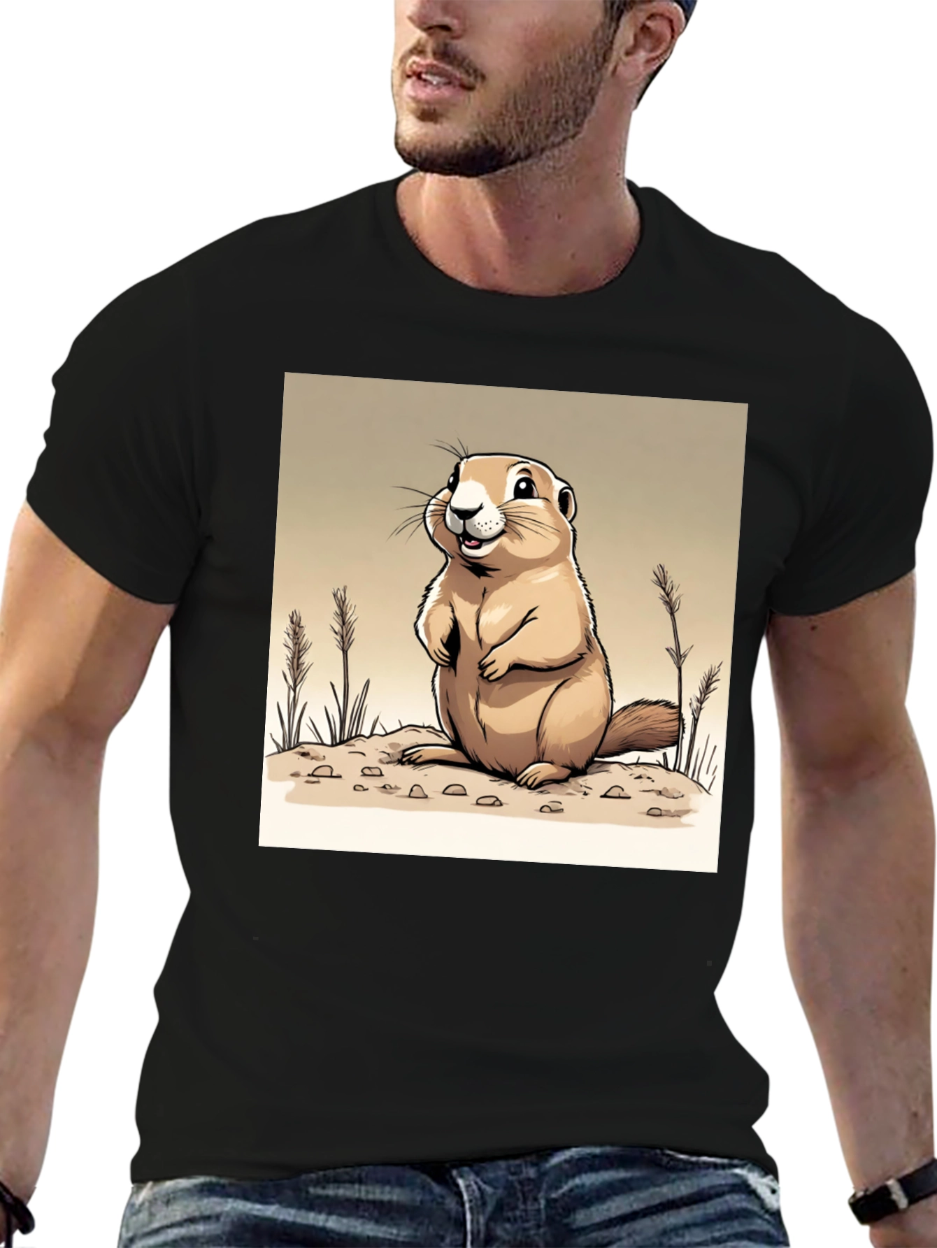 Camiseta Negra con Diseño de Marmota Amigable