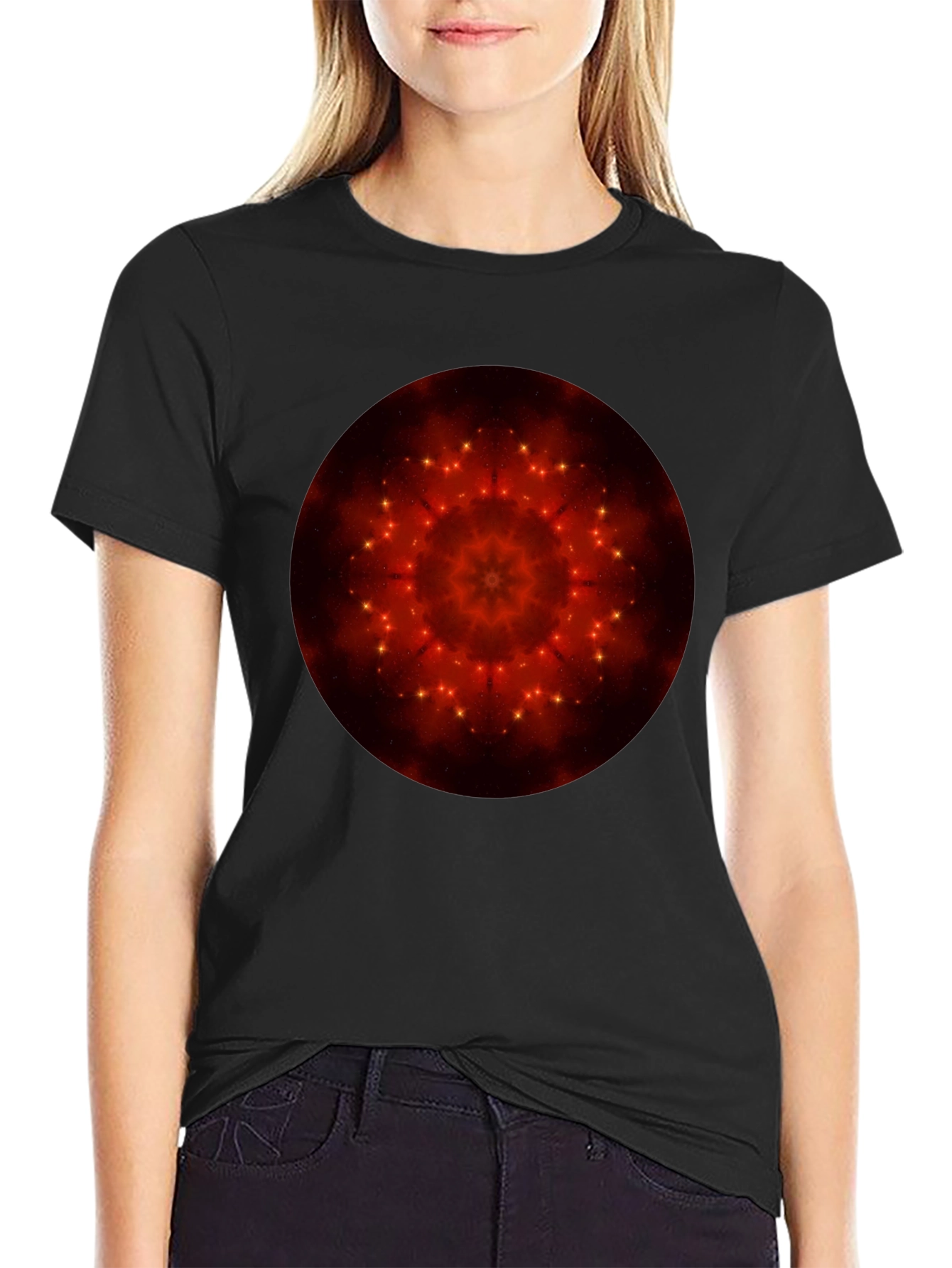 Camiseta Negra con Diseño Mandala Estelar Rojo