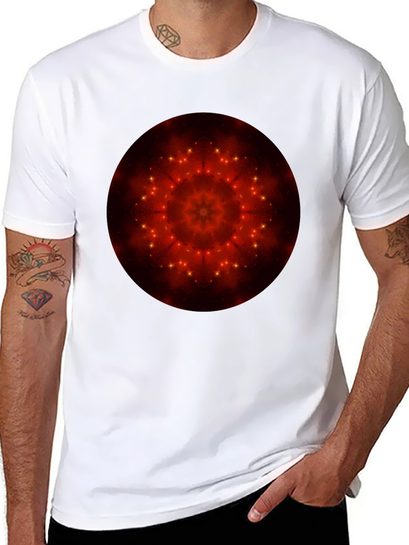 Camiseta Negra con Diseño Mandala Estelar Rojo