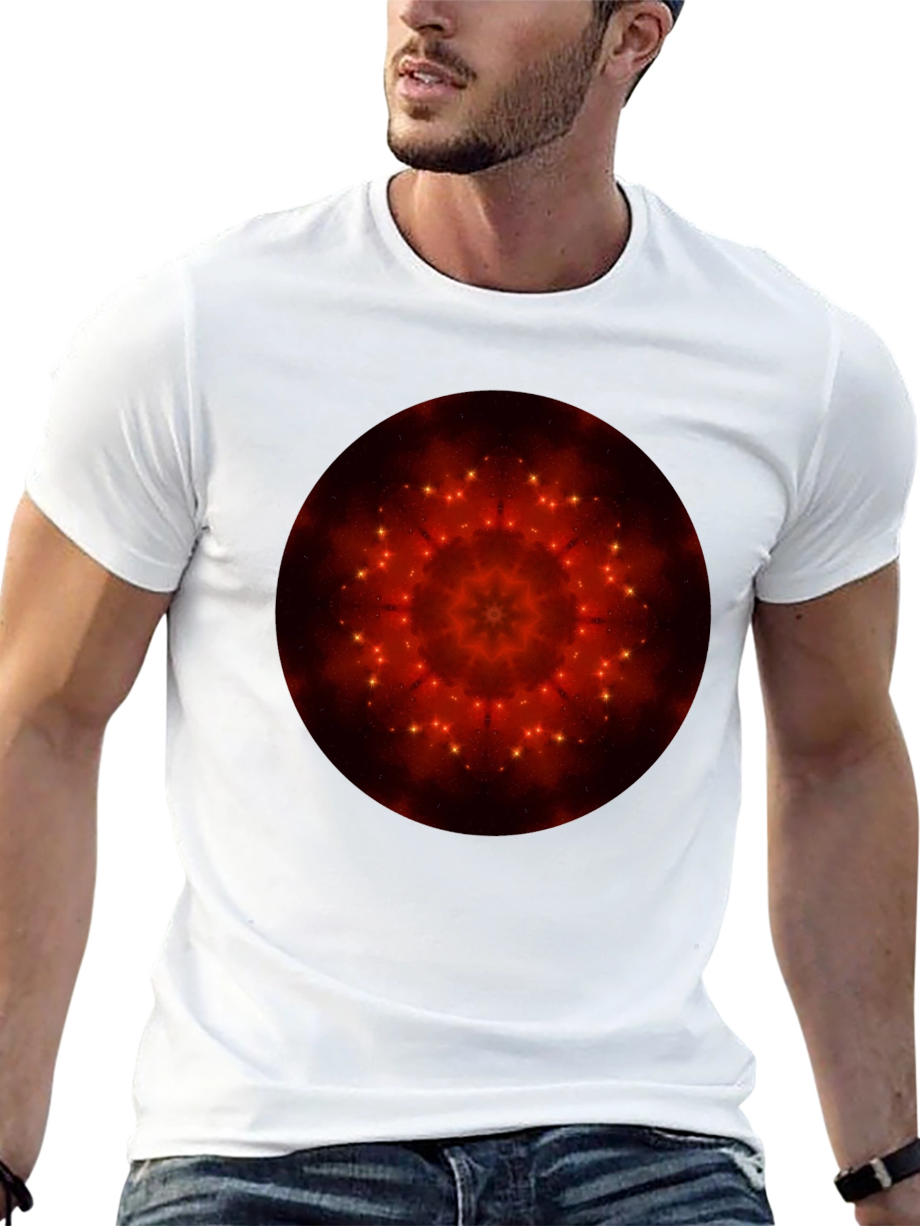 Camiseta Negra con Diseño Mandala Estelar Rojo