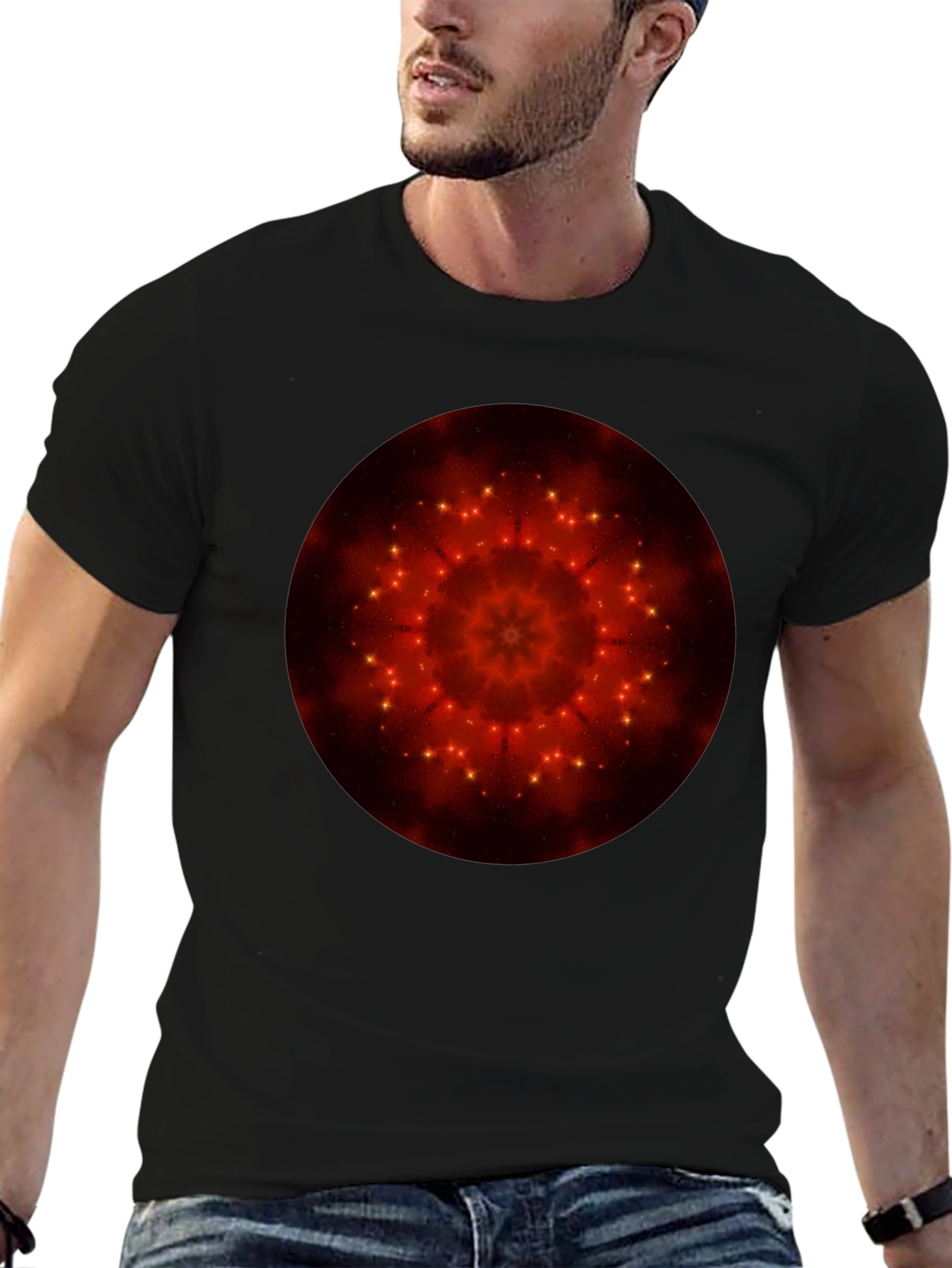 Camiseta Negra con Diseño Mandala Estelar Rojo