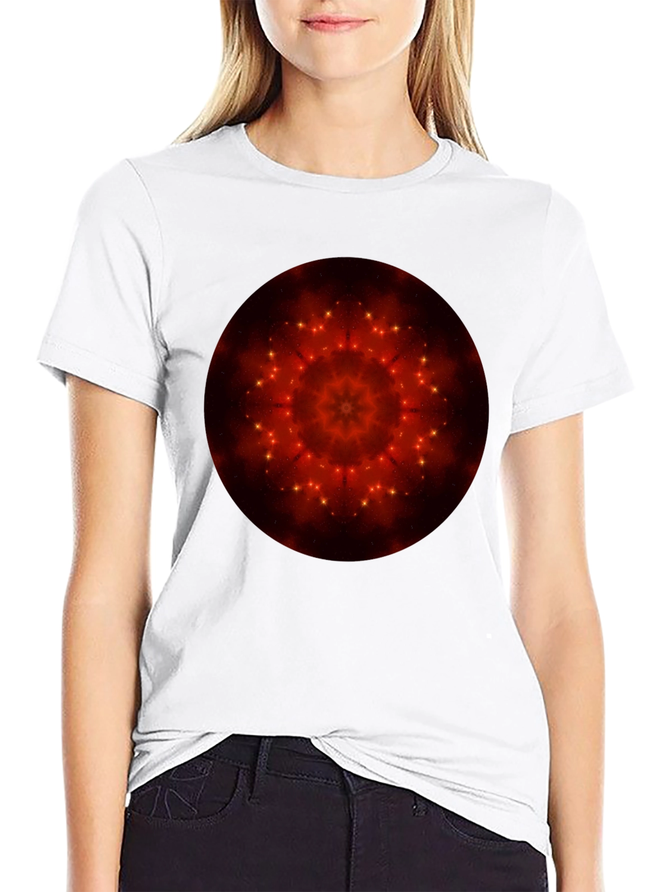 Camiseta Negra con Diseño Mandala Estelar Rojo