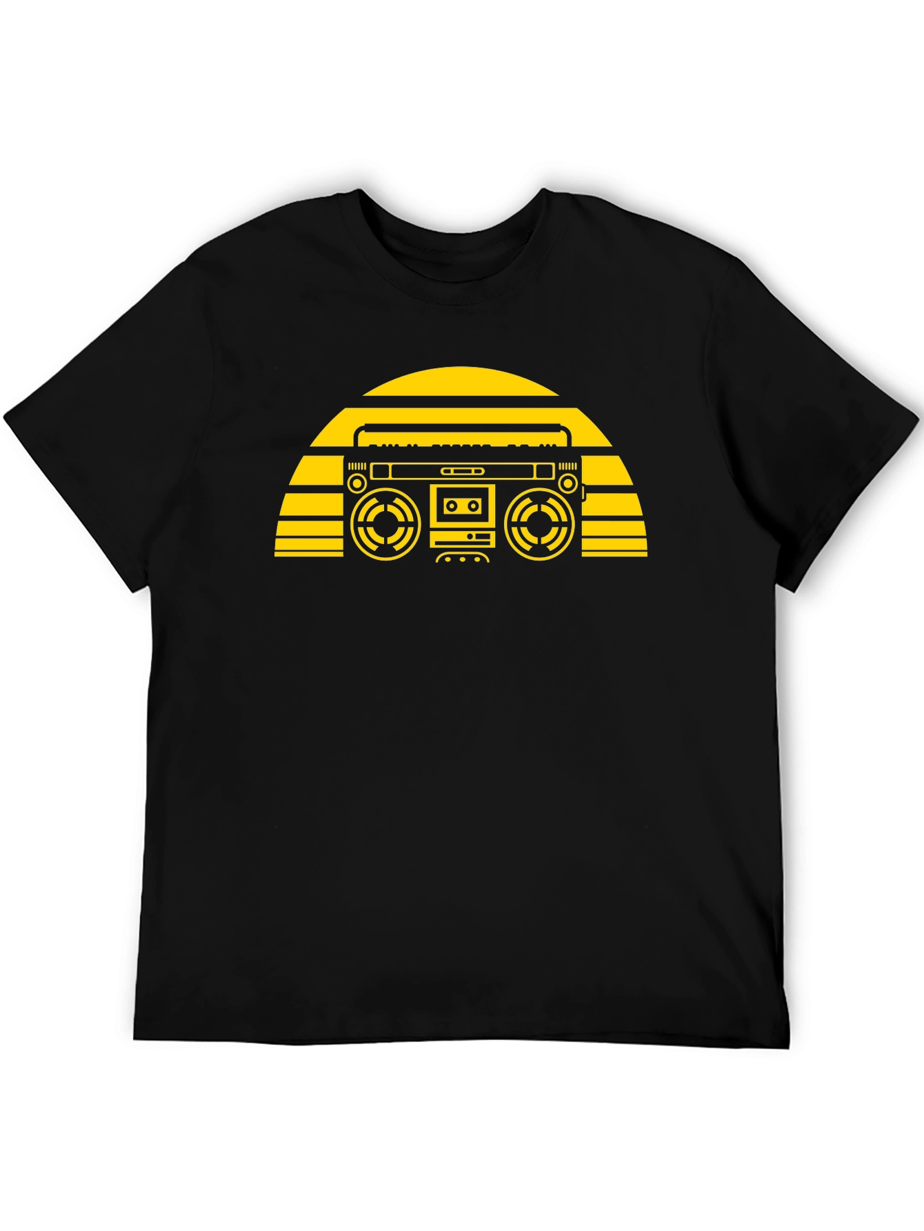 Camiseta Negra con Diseño Retro de Radiocasete Amarillo