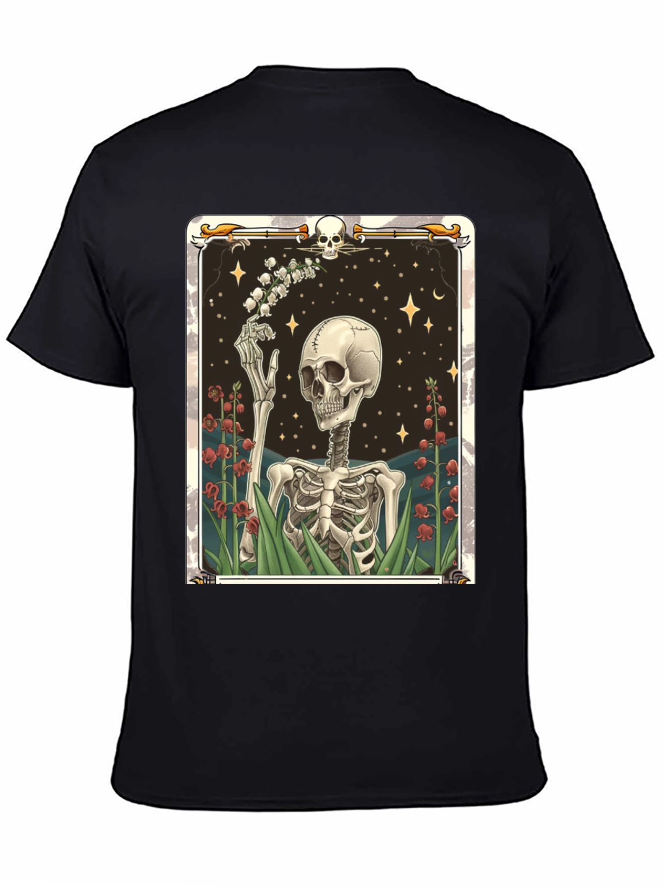 Camiseta Negra con Diseño de Esqueleto Floral