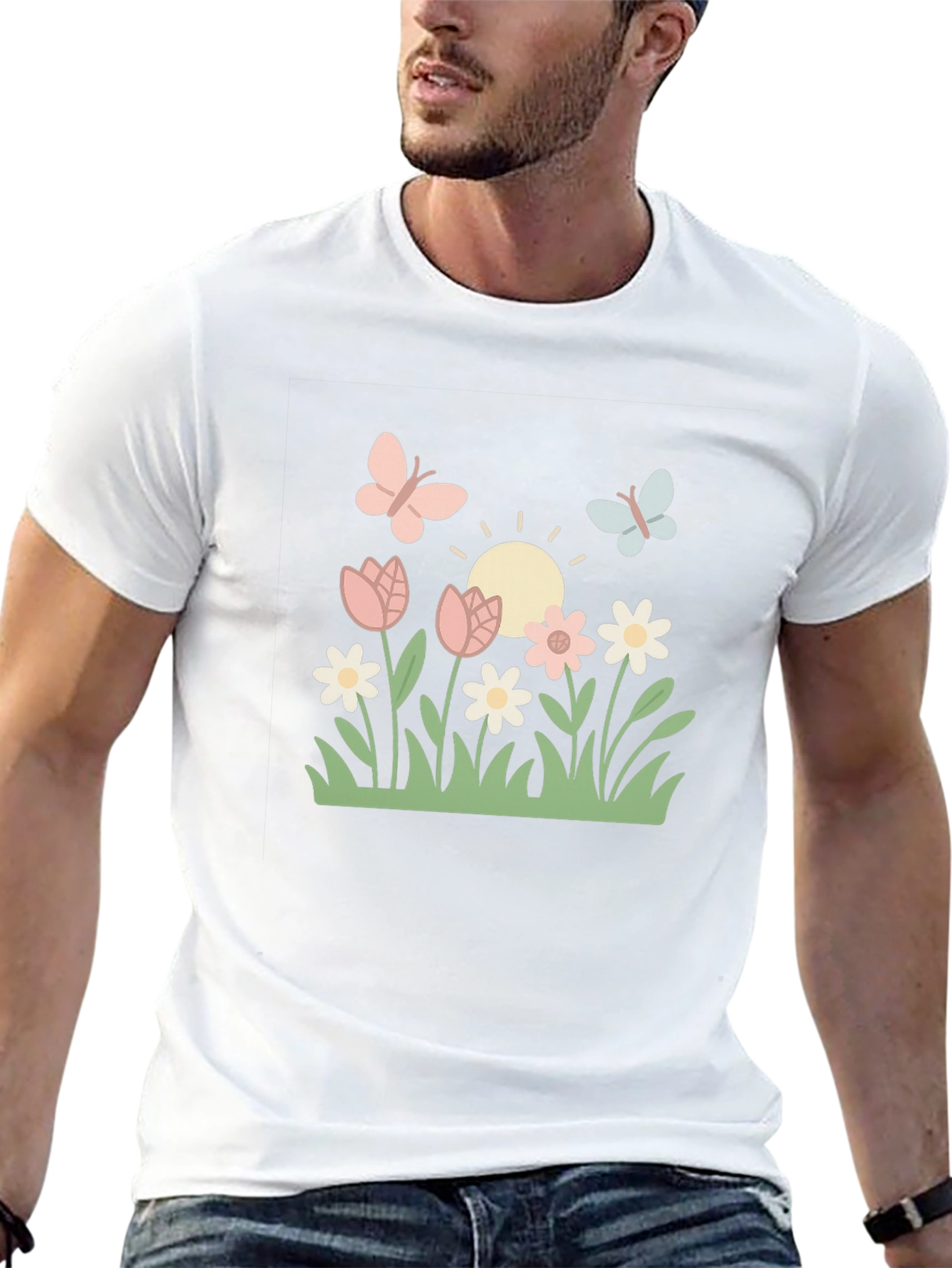 Camiseta Negra con Diseño Floral y Mariposas
