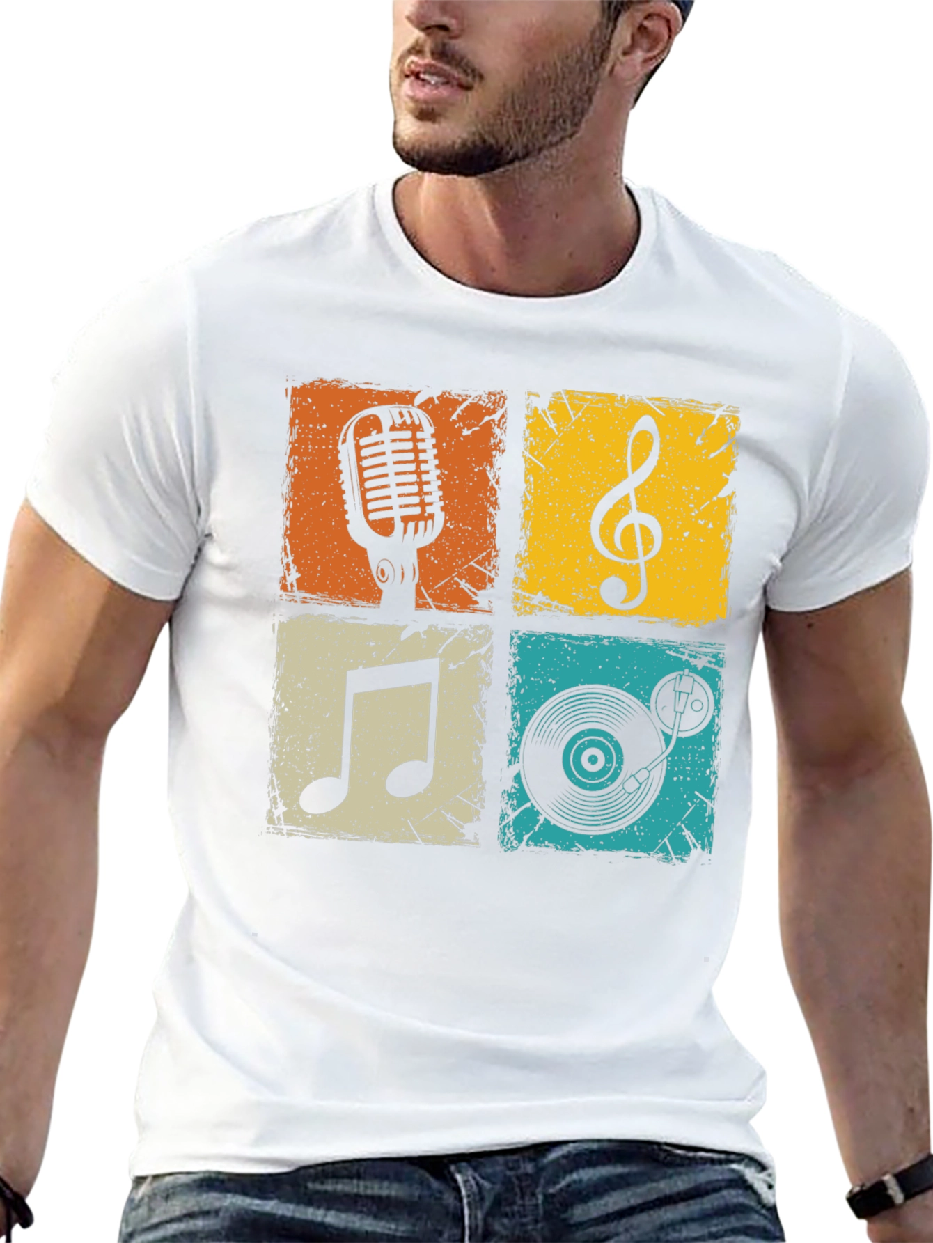 Camiseta Hombre Negra con Diseño Musical Retro