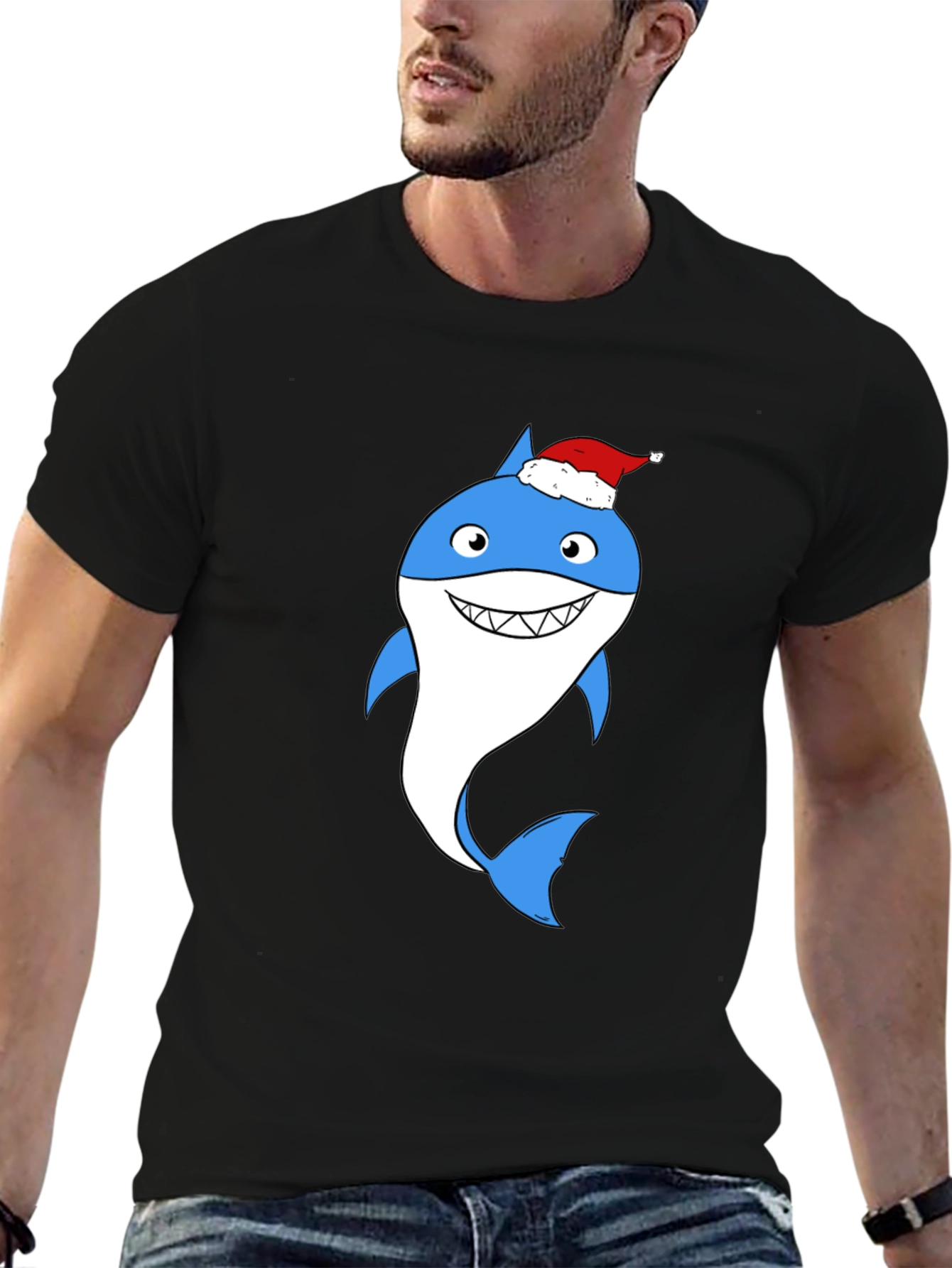 Camiseta Negra con Tiburón Navideño