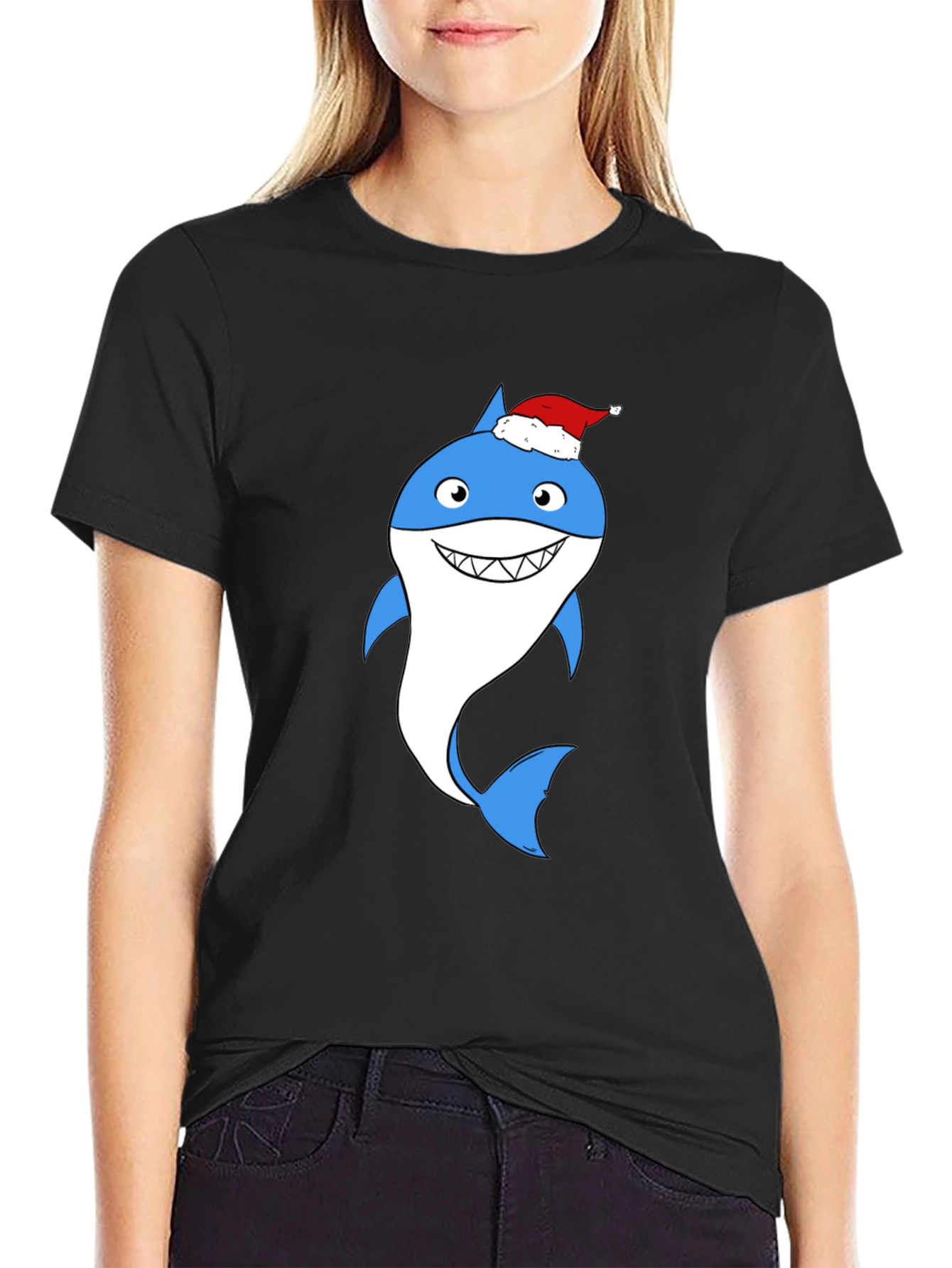 Camiseta Negra con Tiburón Navideño