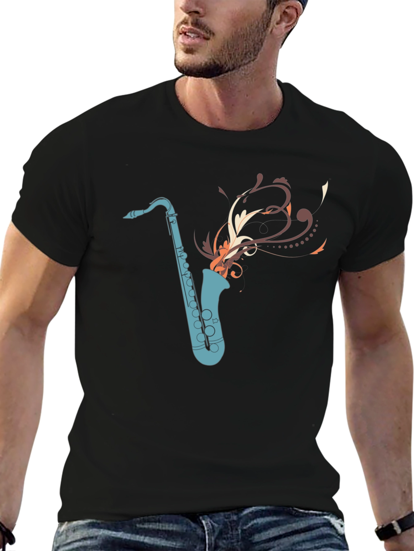 Camiseta Negra con Diseño de Saxofón Abstracto