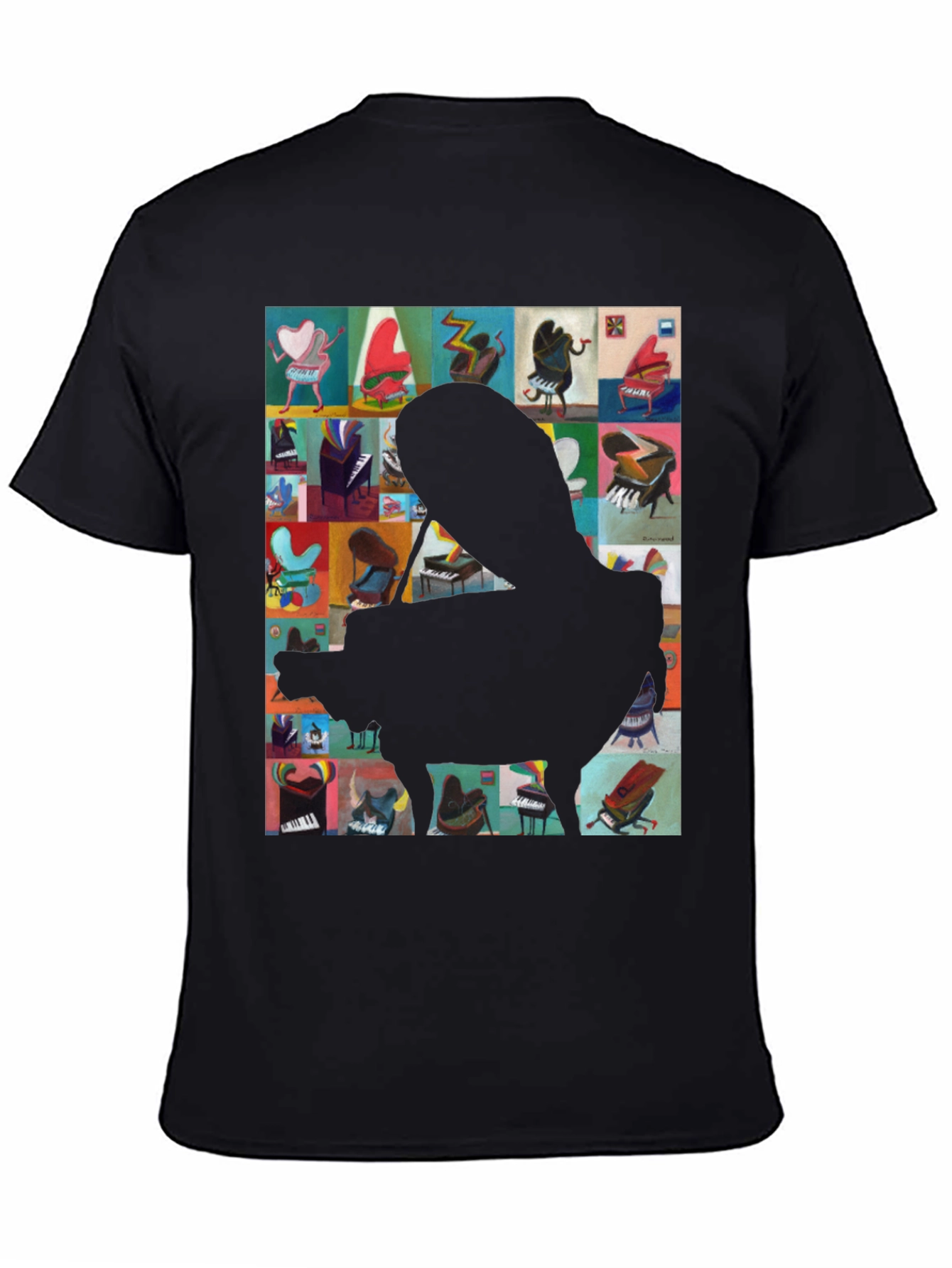 Camiseta Negra con Diseño de Piano Abstracto