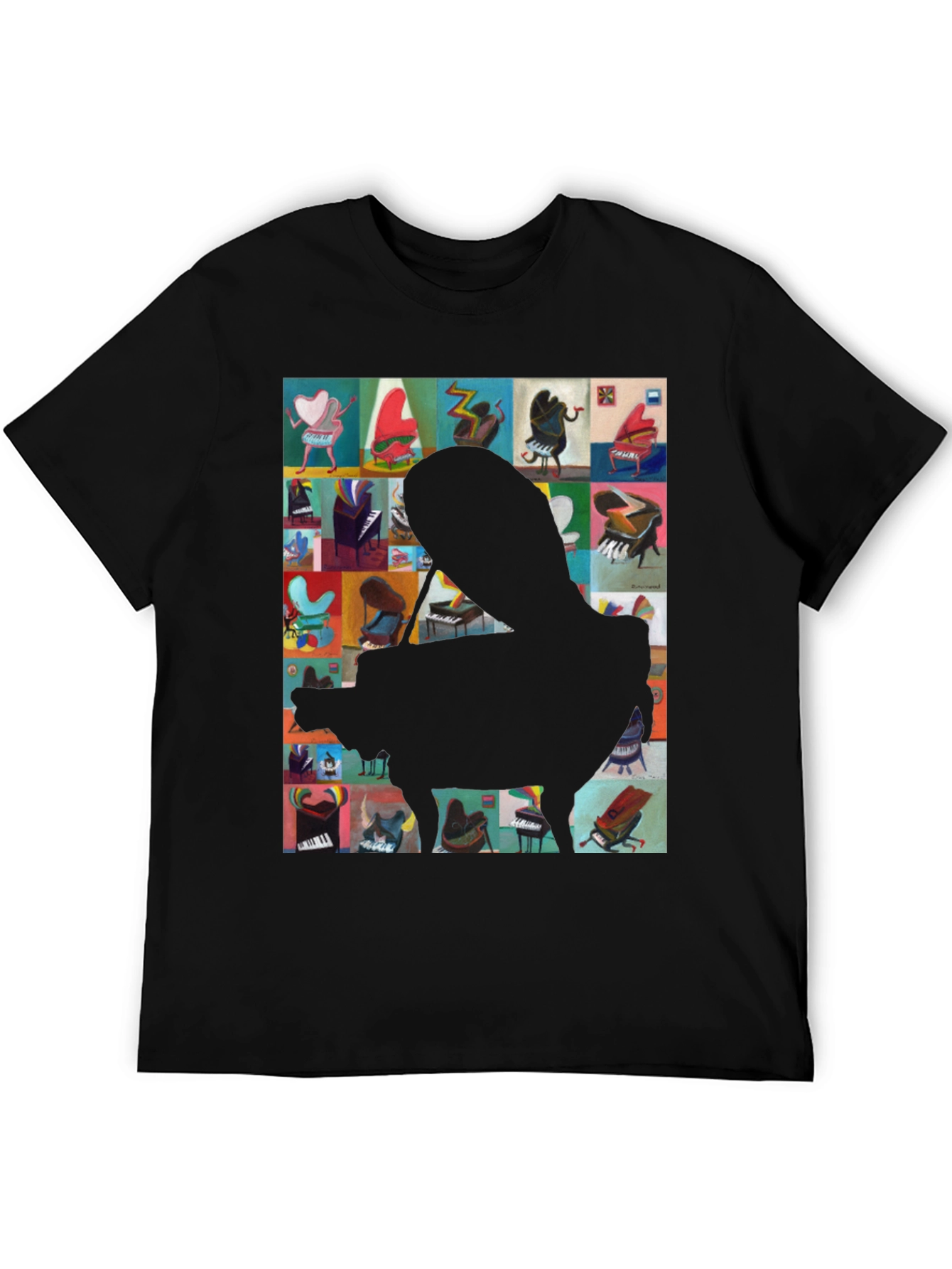 Camiseta Negra con Diseño de Piano Abstracto