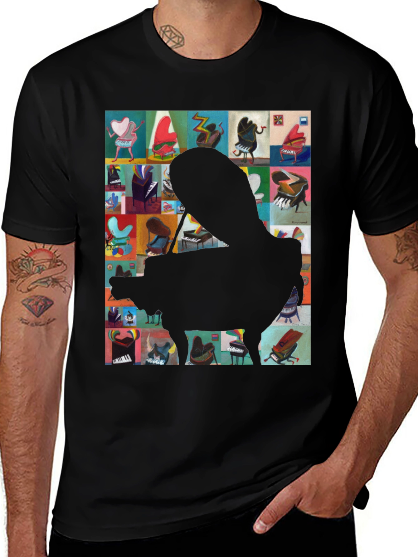 Camiseta Negra con Diseño de Piano Abstracto