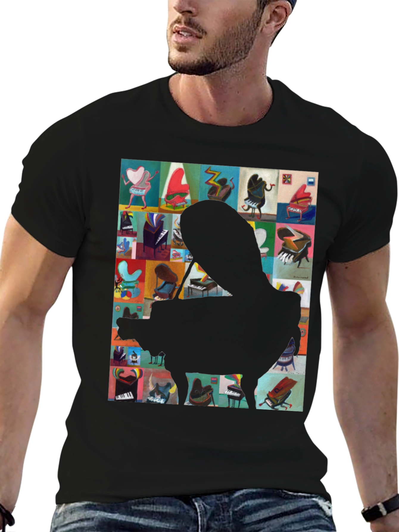 Camiseta Negra con Diseño de Piano Abstracto