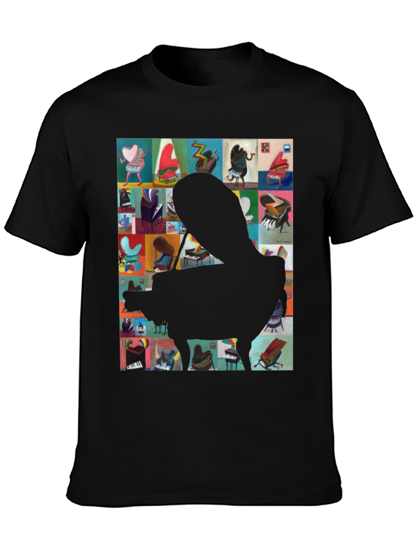 Camiseta Negra con Diseño de Piano Abstracto