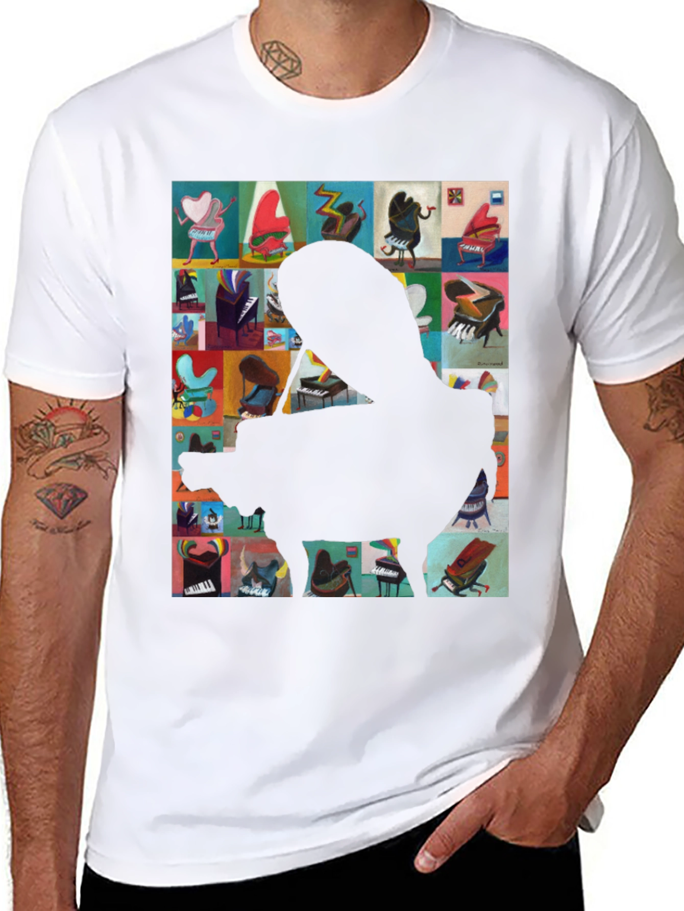Camiseta Negra con Diseño de Piano Abstracto