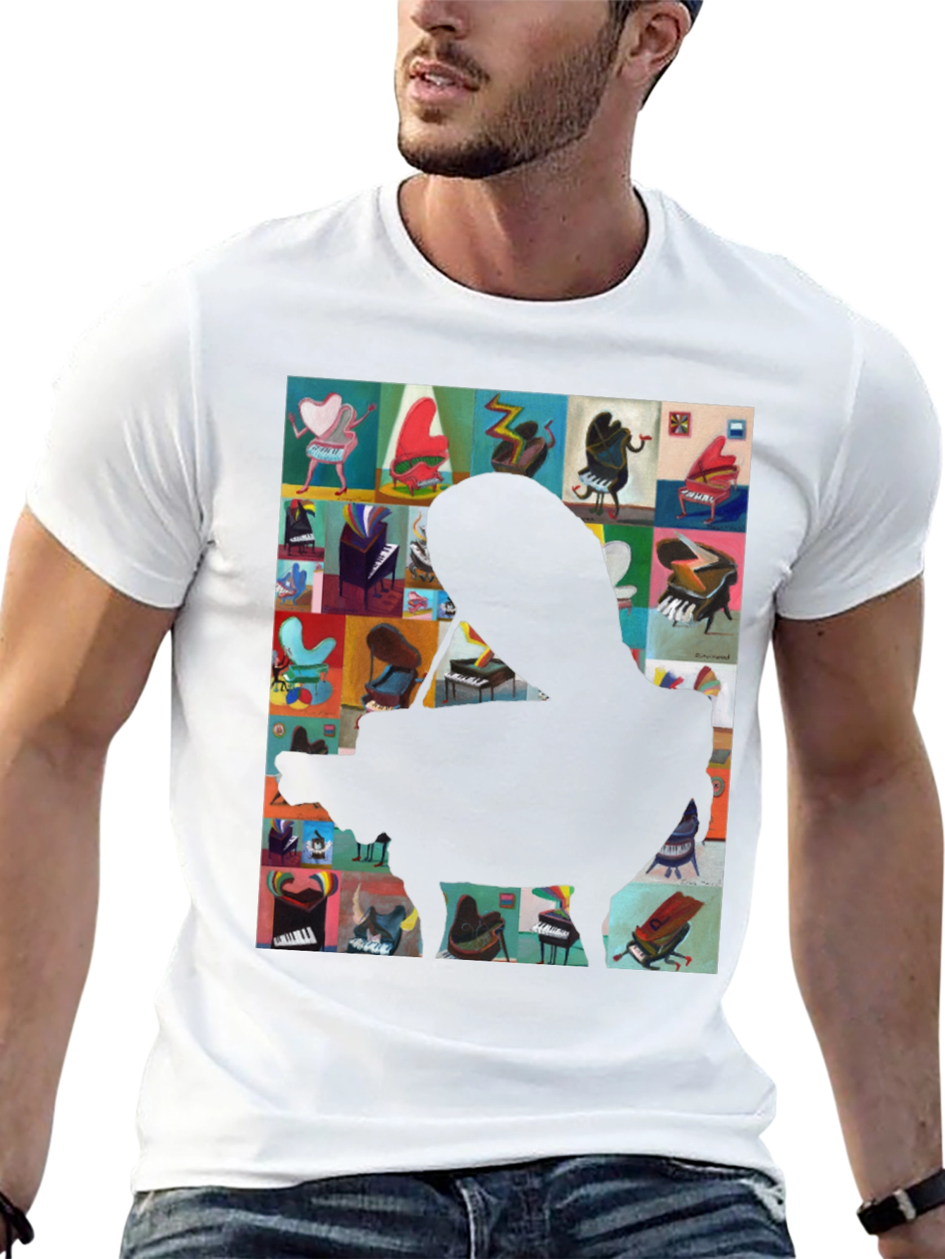 Camiseta Negra con Diseño de Piano Abstracto