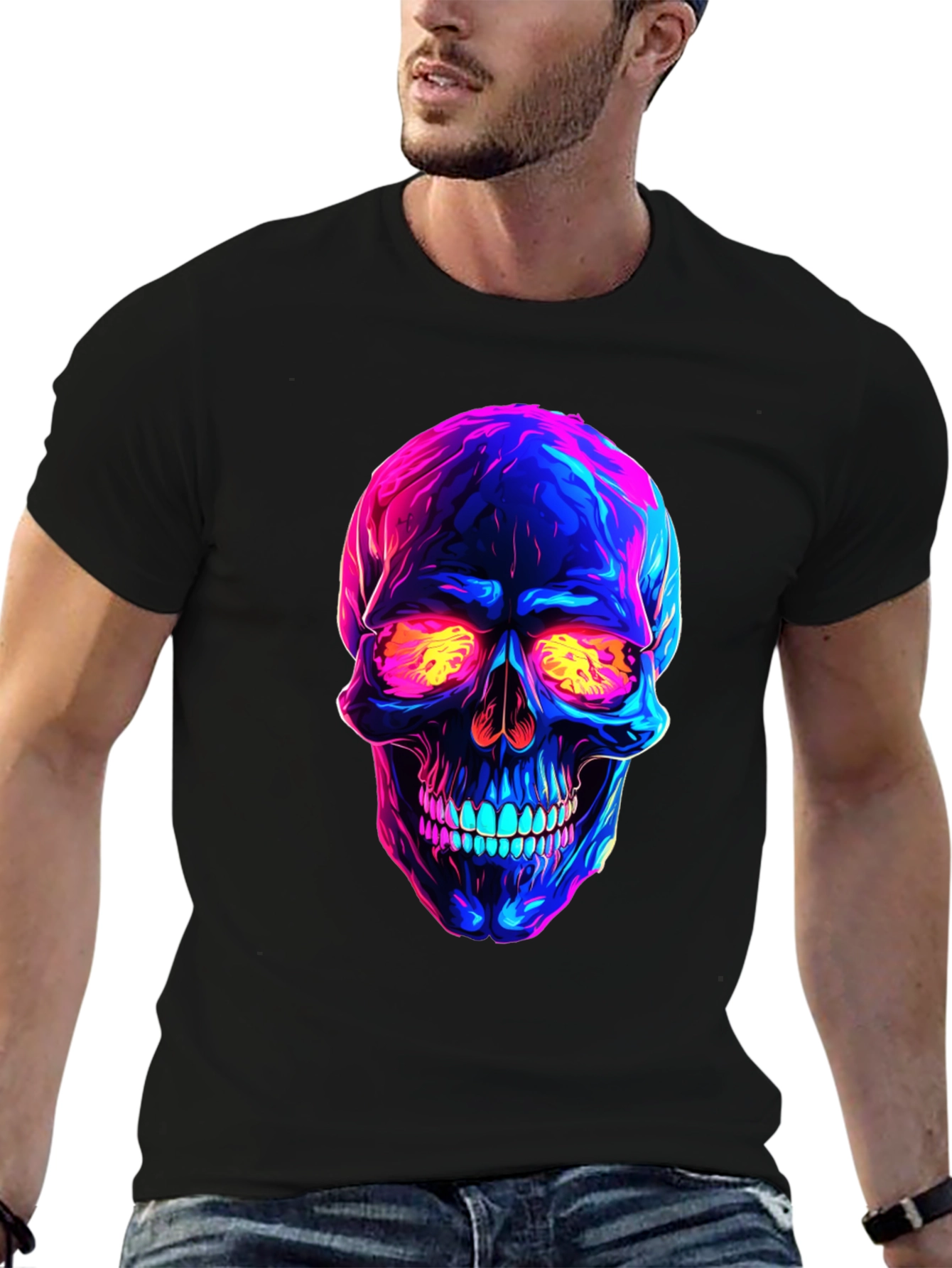 Camiseta negra con calavera neón