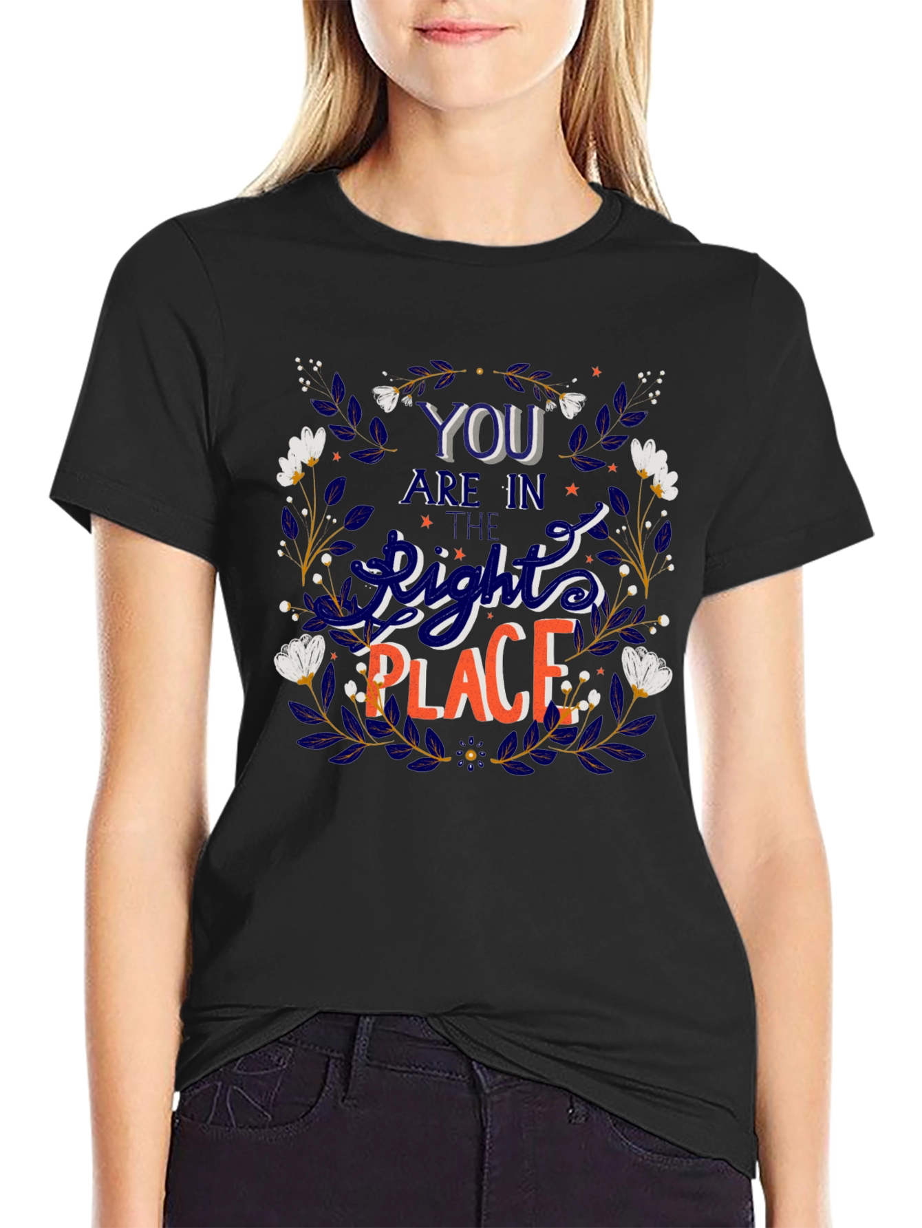 Camiseta Negra con Diseño Floral y Frase Motivacional