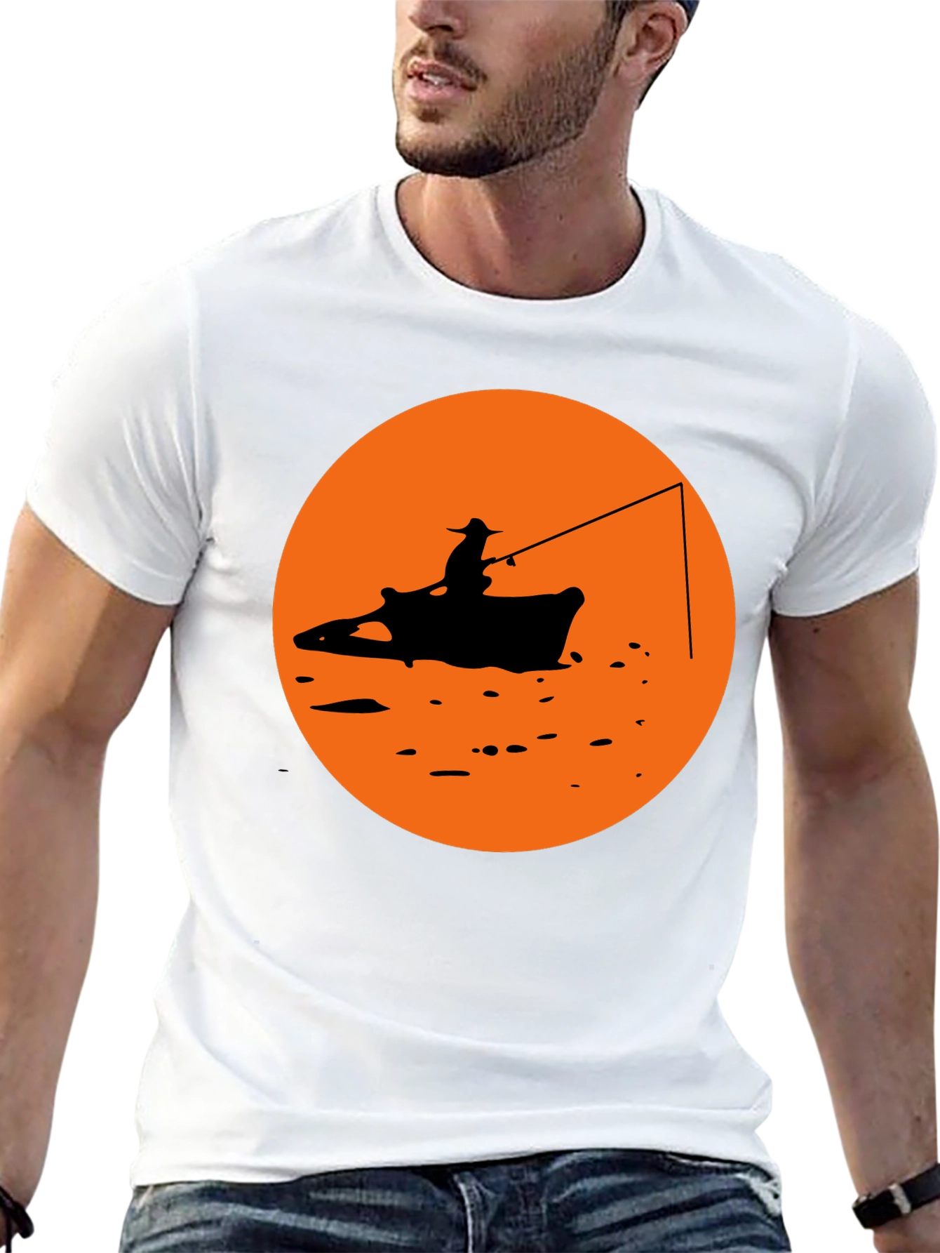 Camiseta Negra Estampado Pescador Atardecer Naranja