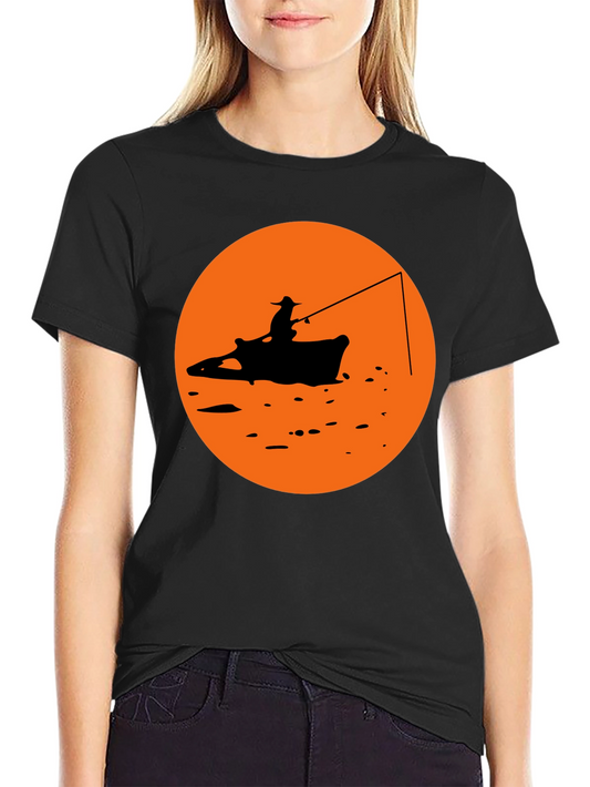 Camiseta Negra Estampado Pescador Atardecer Naranja