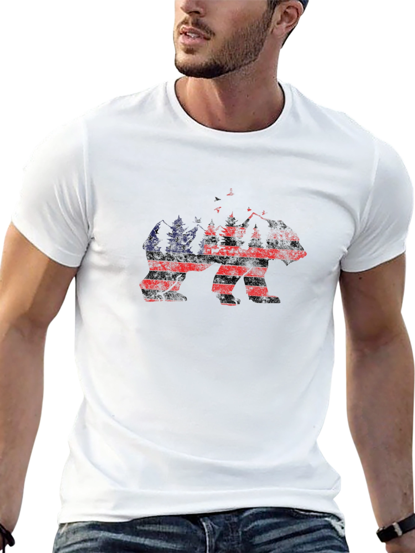 Camiseta Negra Hombre Diseño Oso Bandera Americana