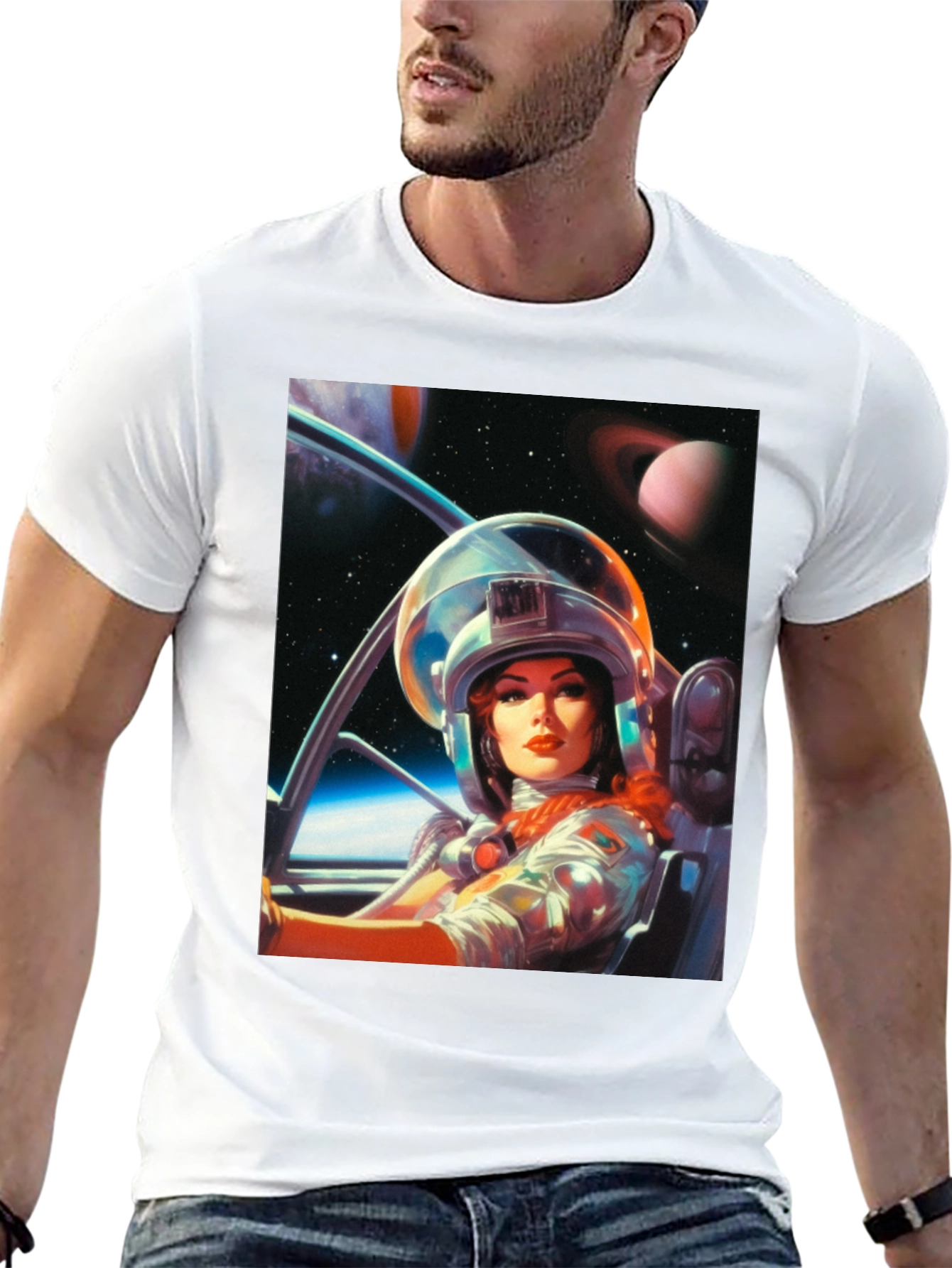 Camiseta Negra con Estampado de Astronauta Retro
