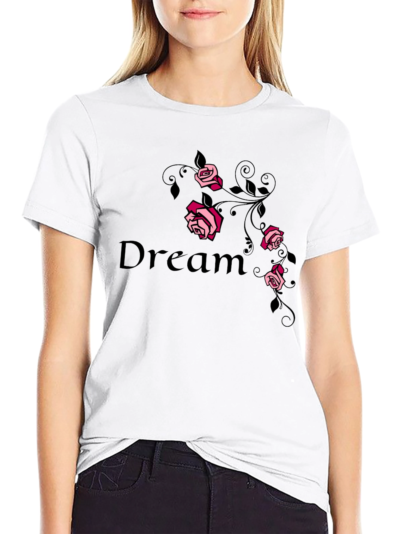Camiseta Negra Dream con Rosas Rosadas