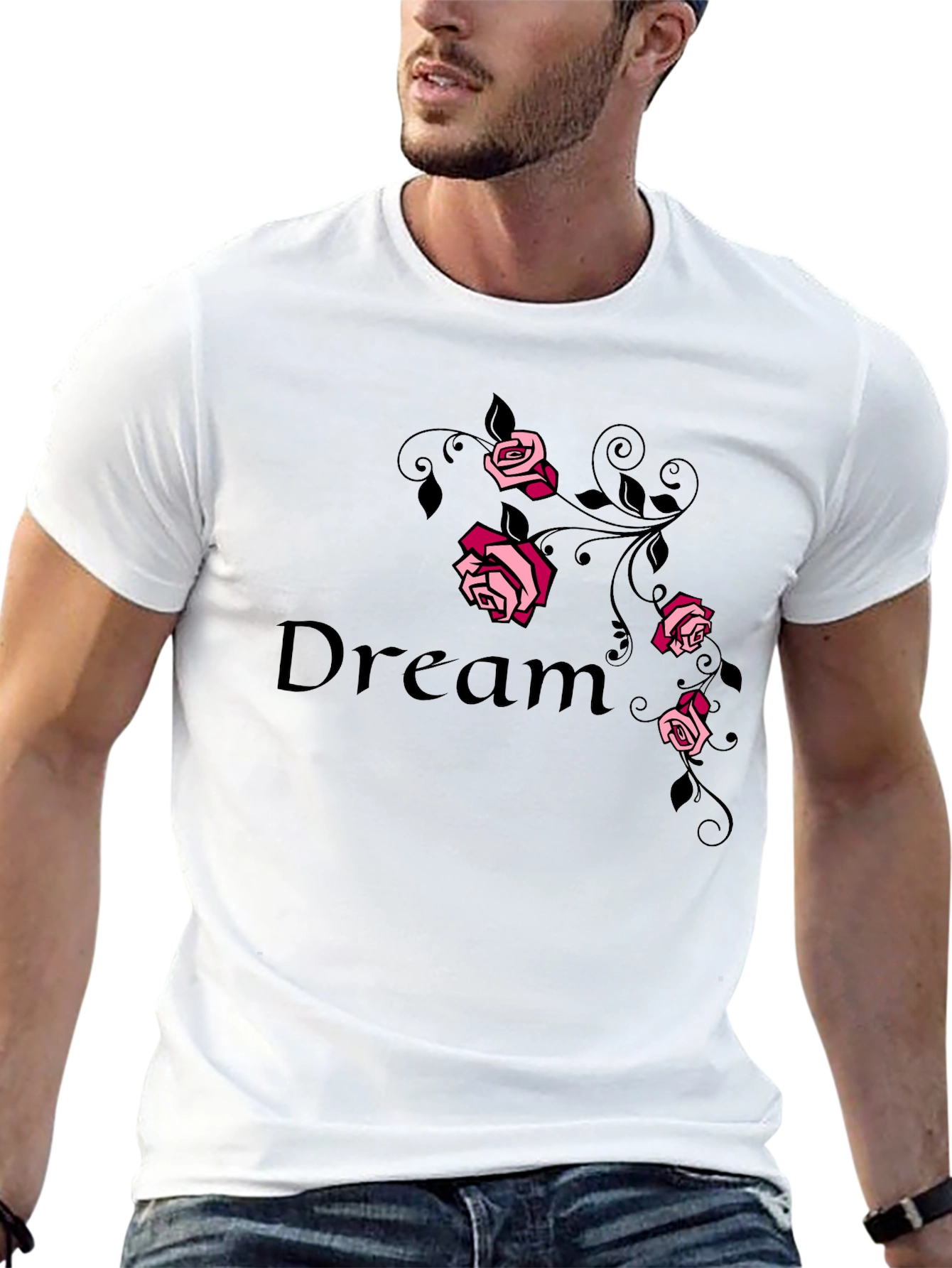 Camiseta Negra Dream con Rosas Rosadas