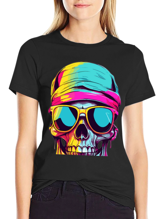 Camiseta Negra con Estampado de Calavera Colorida