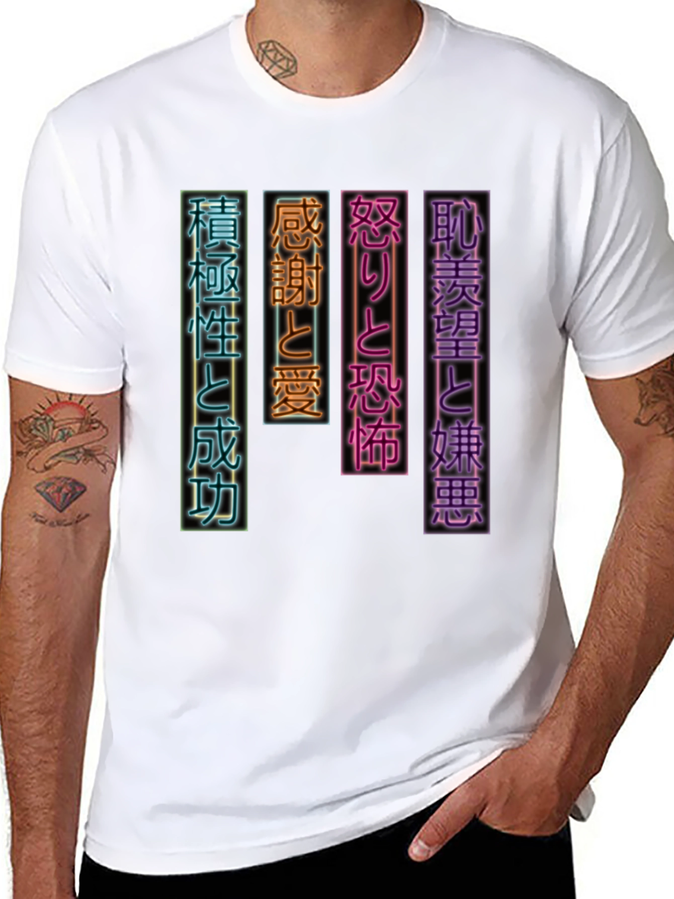 Camiseta Negra con Diseño Japonés Neón