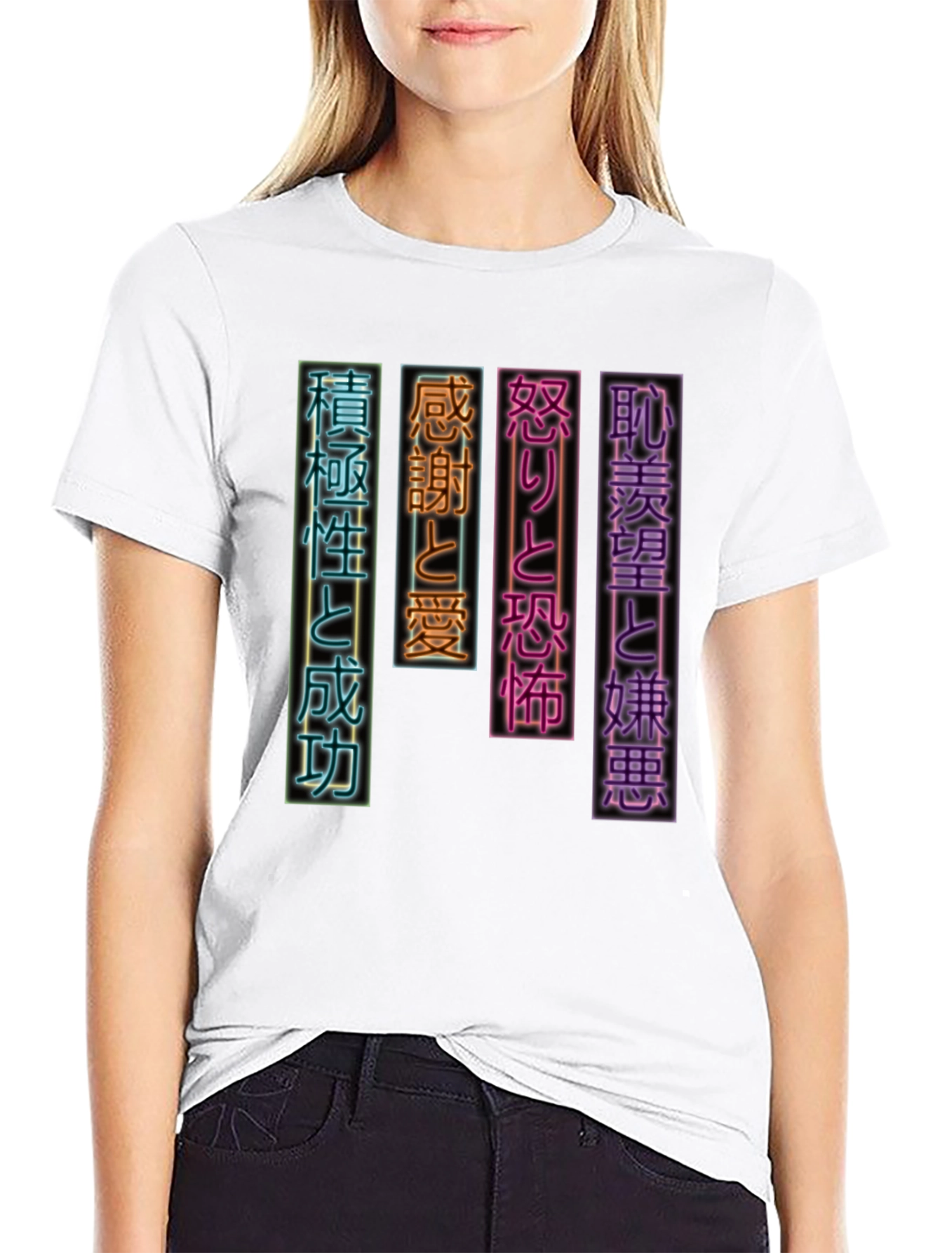 Camiseta Negra con Diseño Japonés Neón