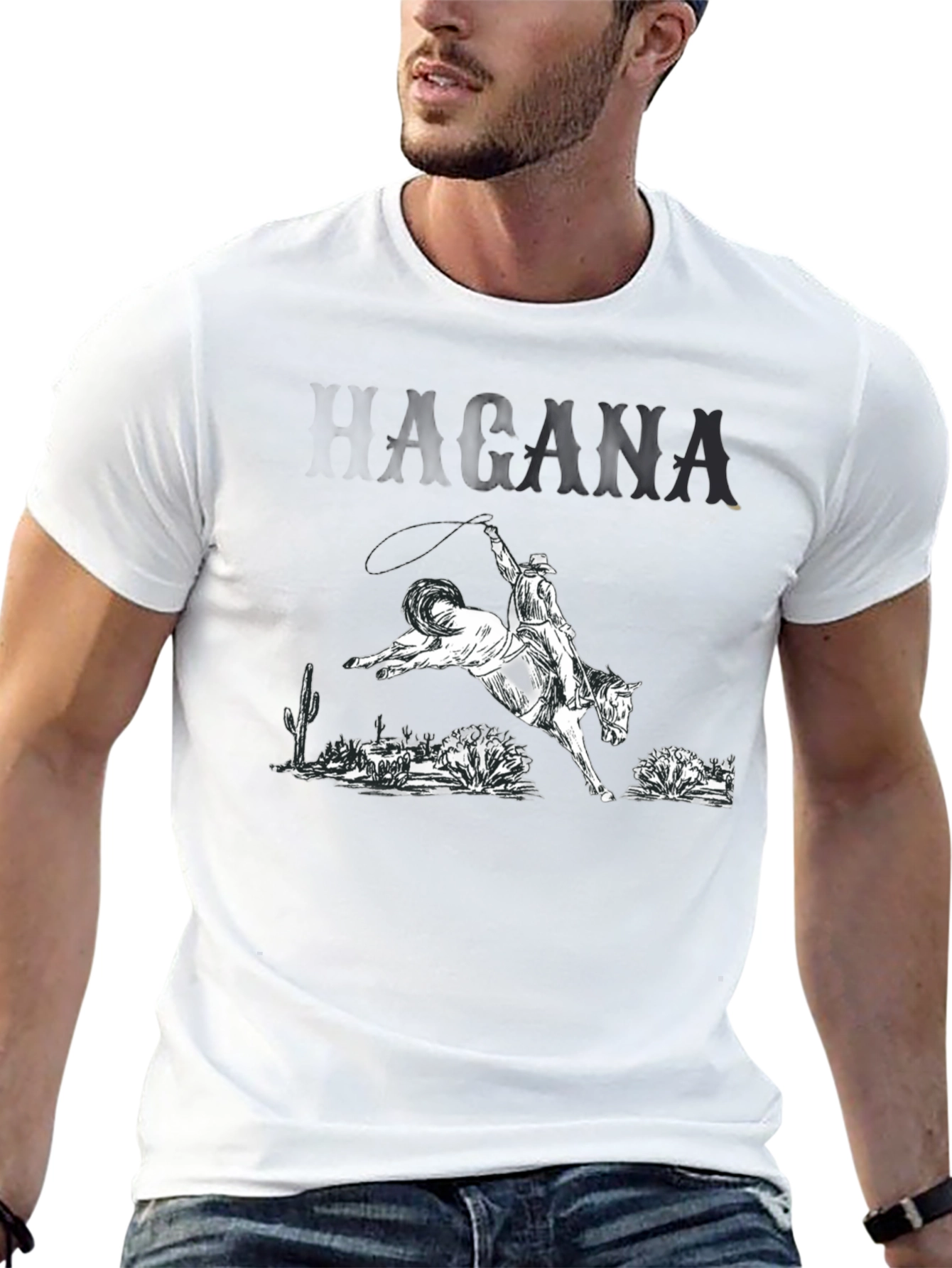 Camiseta Negra con Diseño Vaquero y Caballo Salvaje